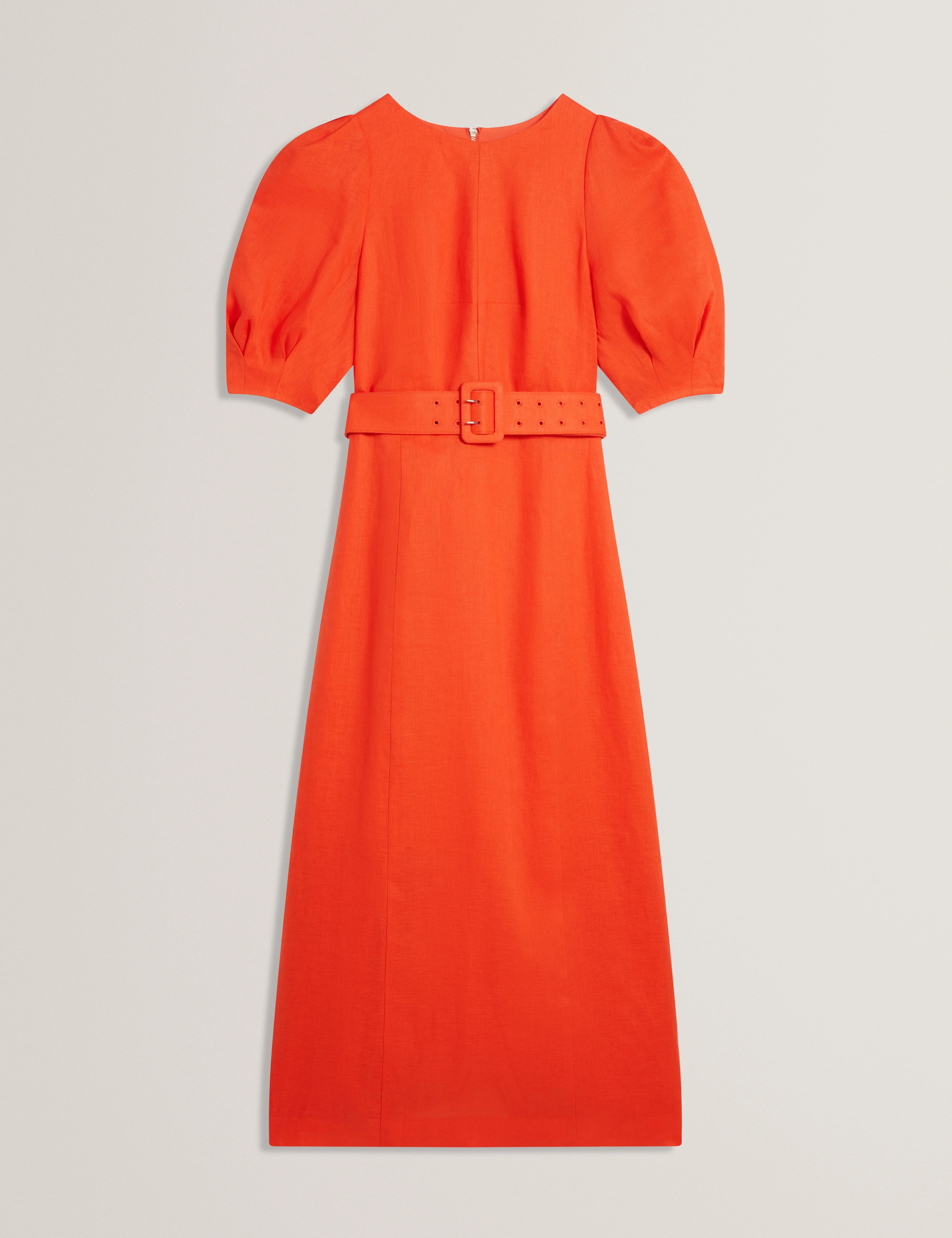 Rumbee Belted Puff Sleeve Midi Dress Orange - Image 7