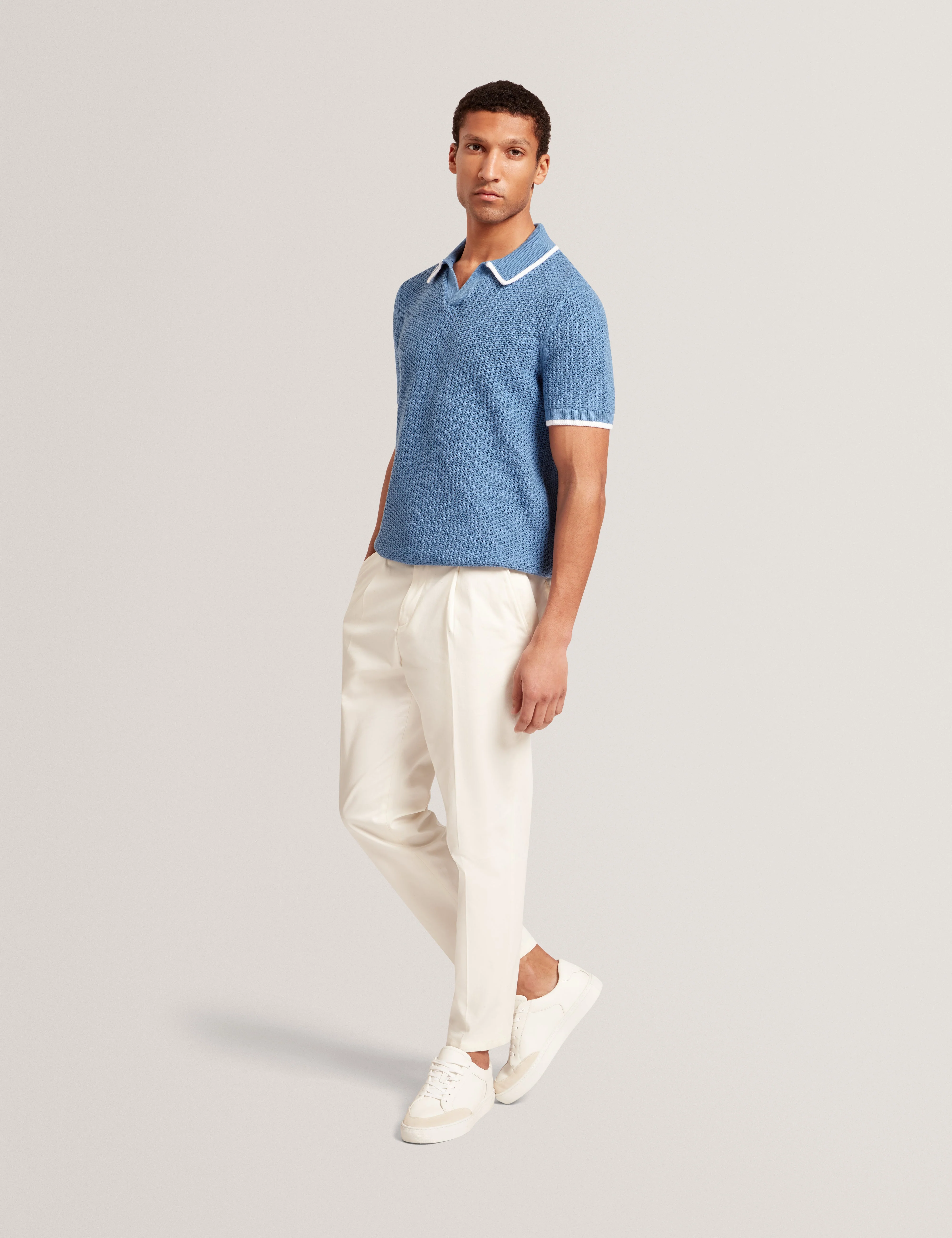 Sachair Short Sleeve Waffle Stitch Open Neck Polo Lt-Blue - Image 2