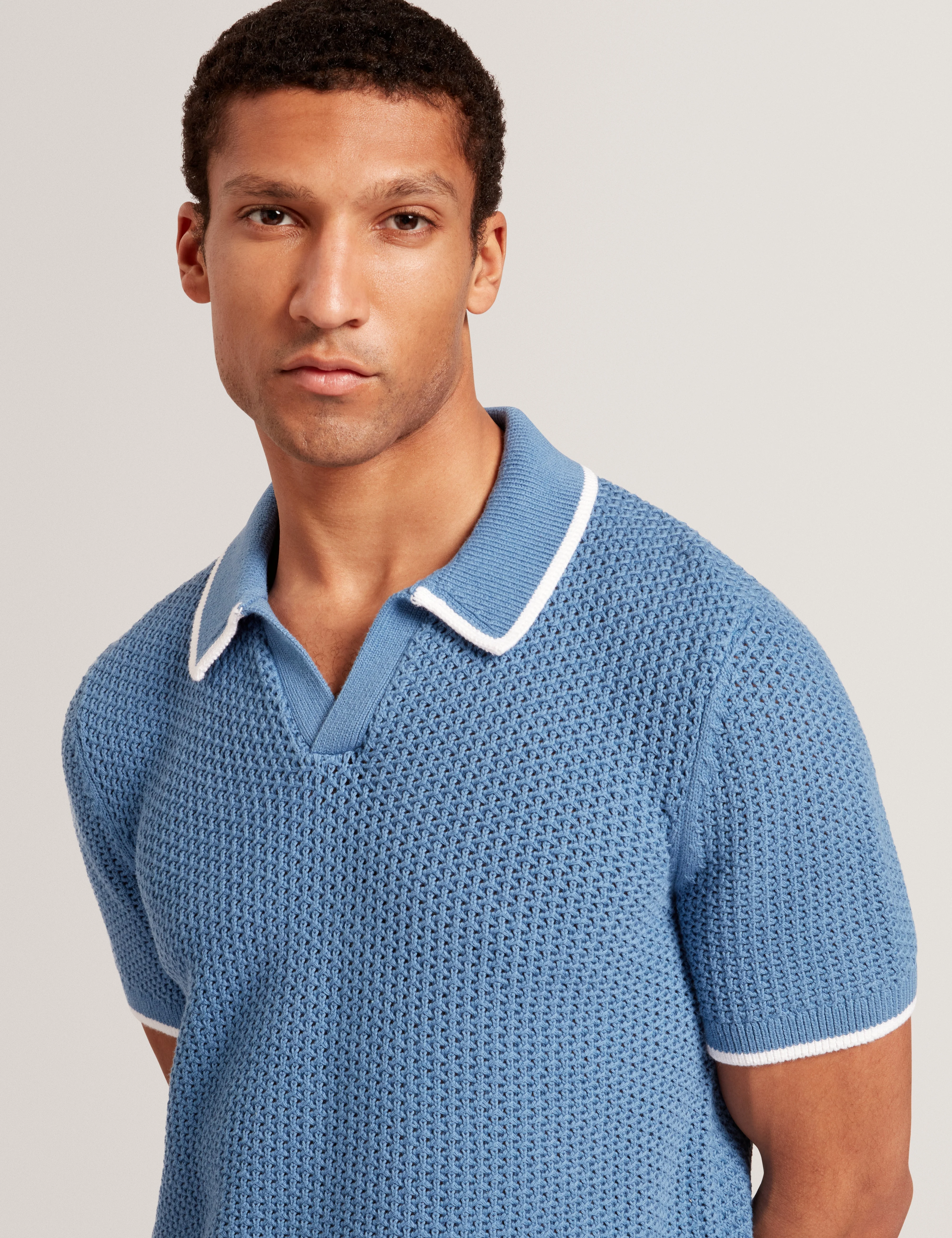 Sachair Short Sleeve Waffle Stitch Open Neck Polo Lt-Blue - Image 4