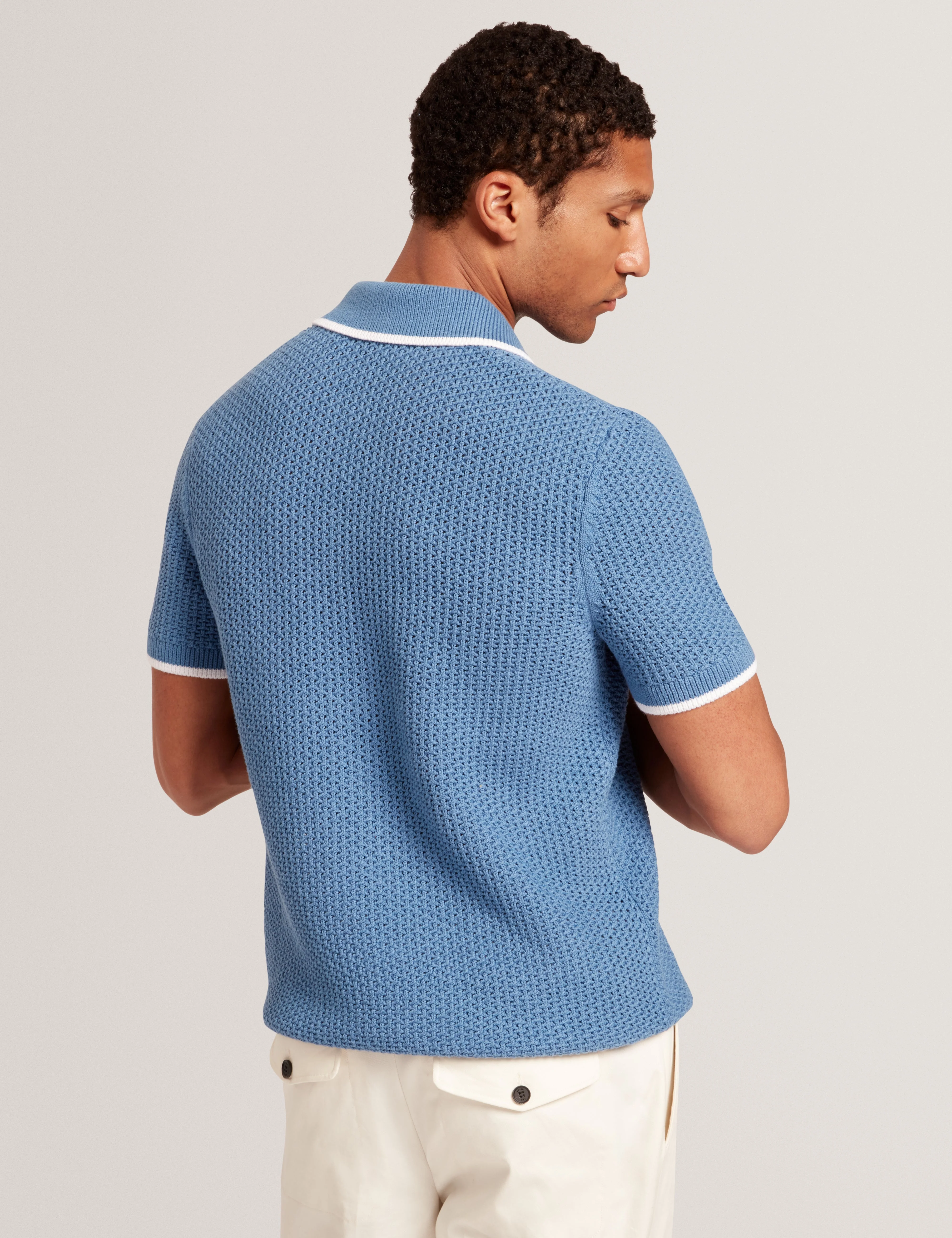 Sachair Short Sleeve Waffle Stitch Open Neck Polo Lt-Blue - Image 5