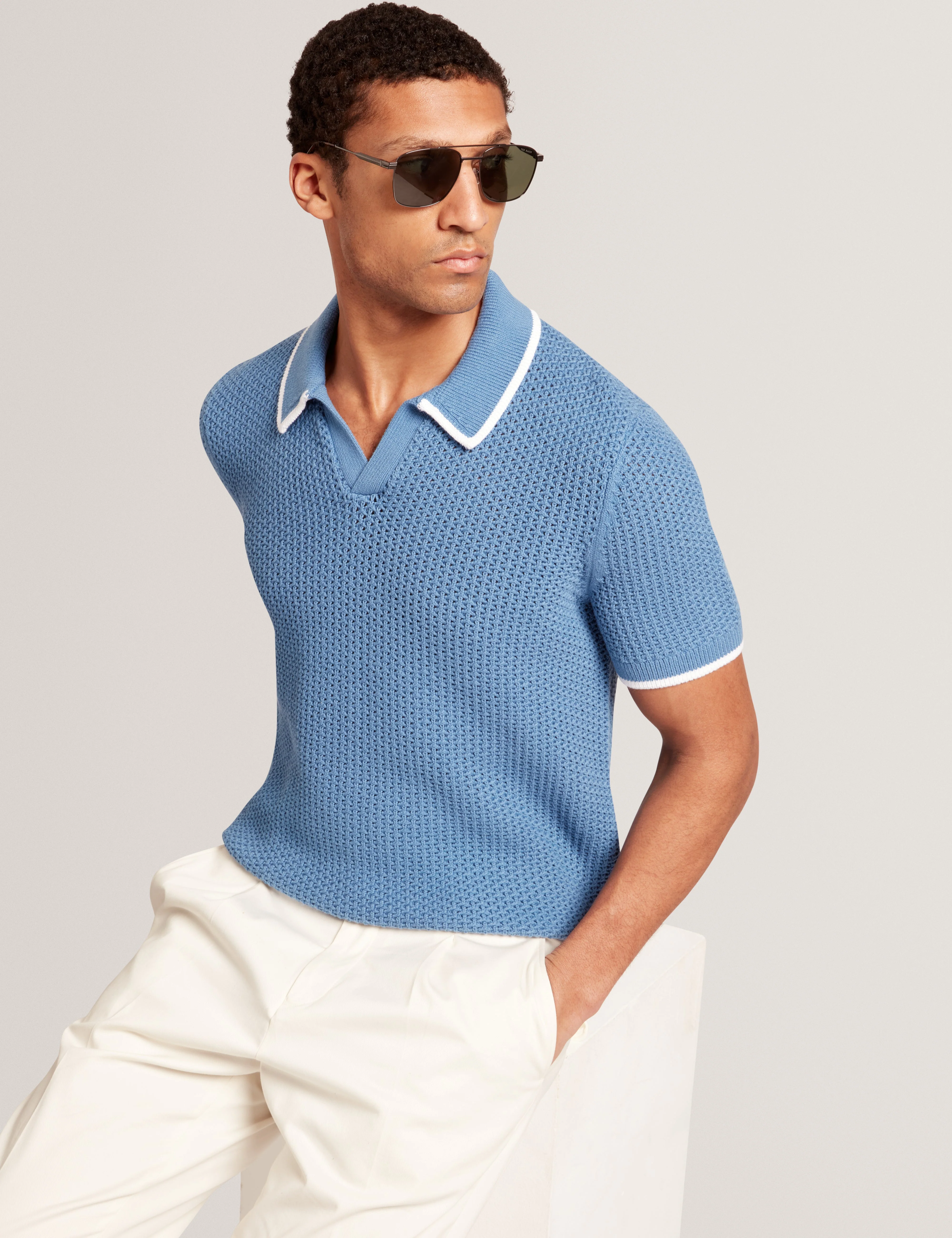 Sachair Short Sleeve Waffle Stitch Open Neck Polo Lt-Blue - Image 7