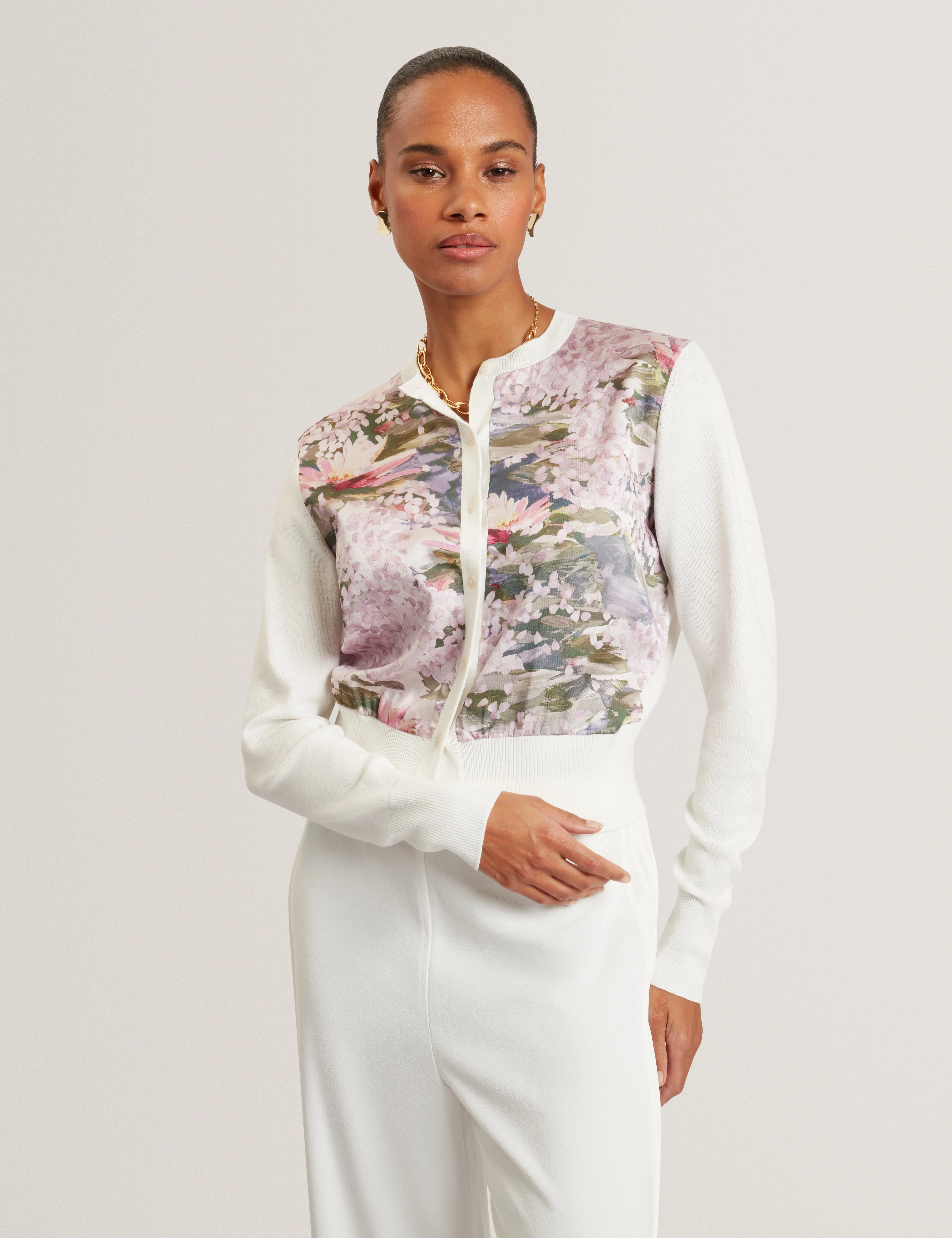 Sisilla Printed Woven Front Cardigan Ivory