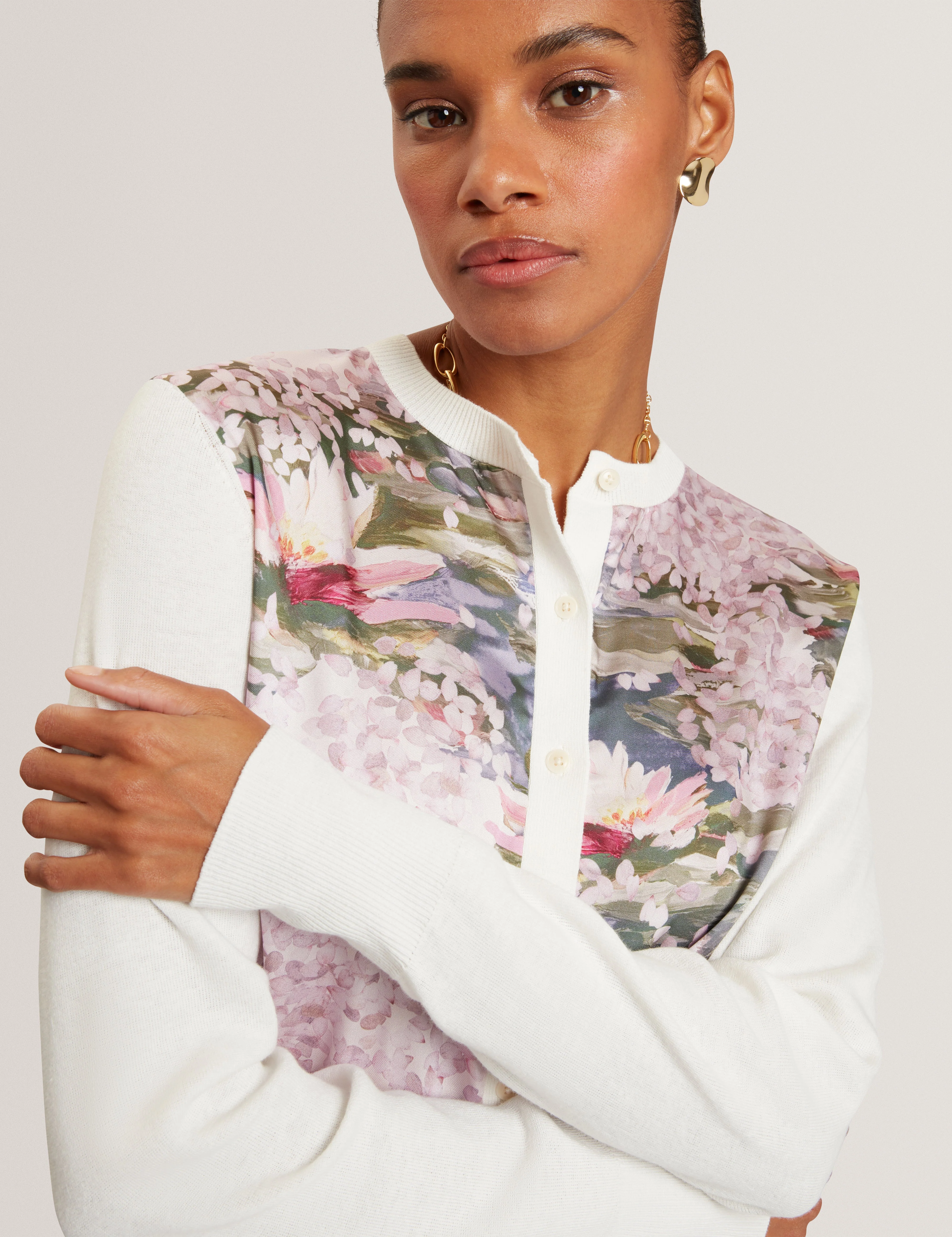 Sisilla Printed Woven Front Cardigan Ivory - Image 4