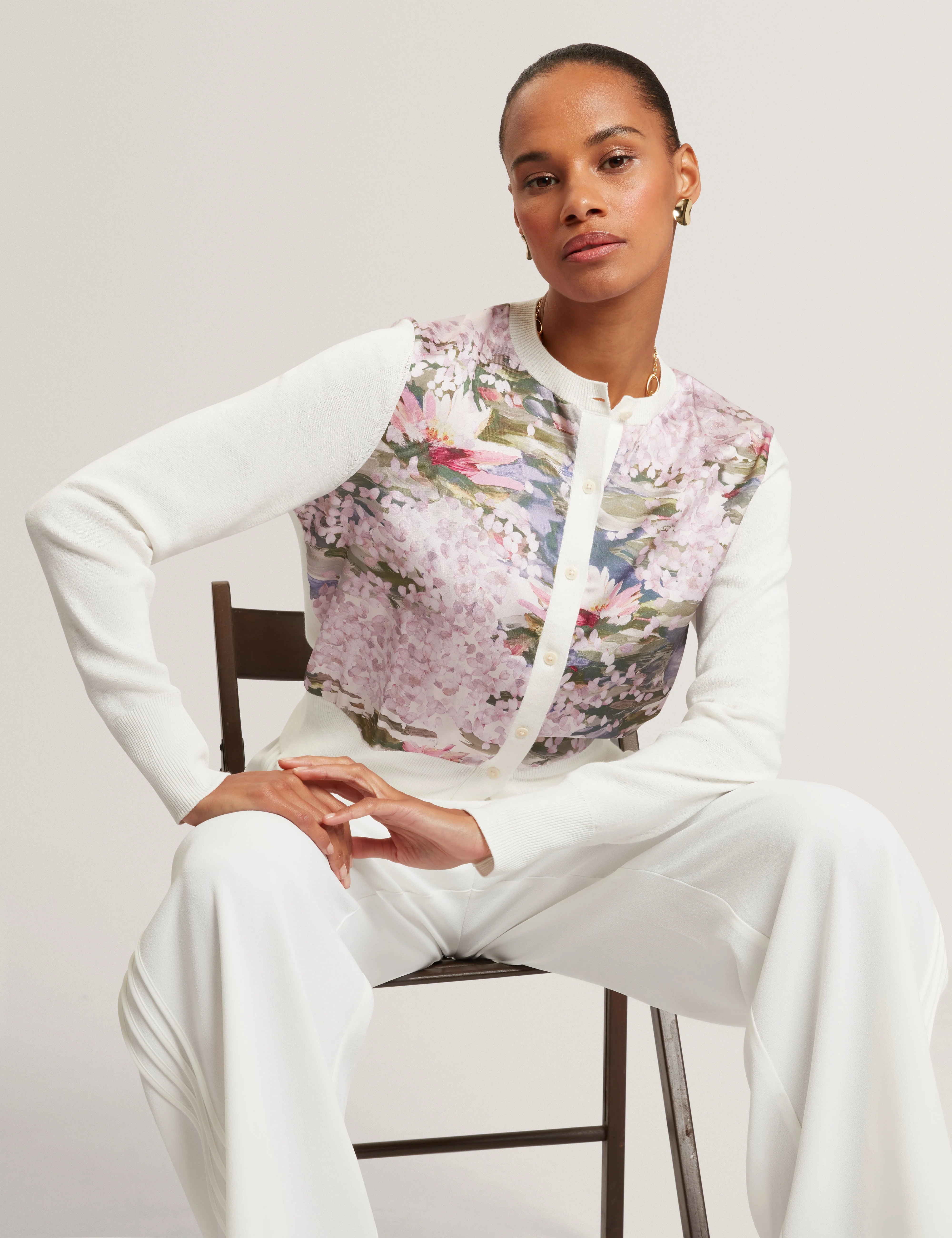 Sisilla Printed Woven Front Cardigan Ivory - Image 6