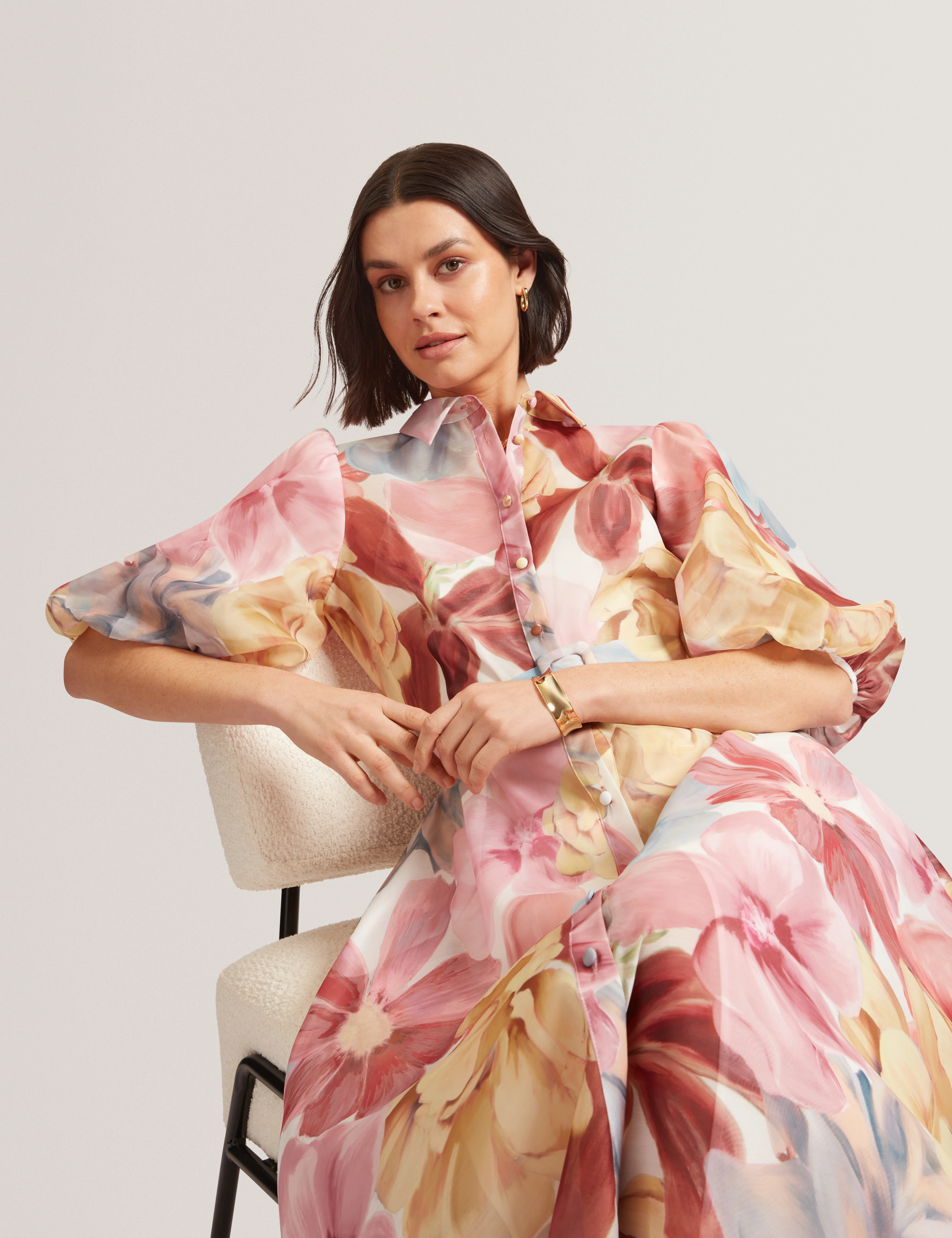 Solinee Puff Sleeve Floral Printed Midi Shirt Dress Ivory - Image 5