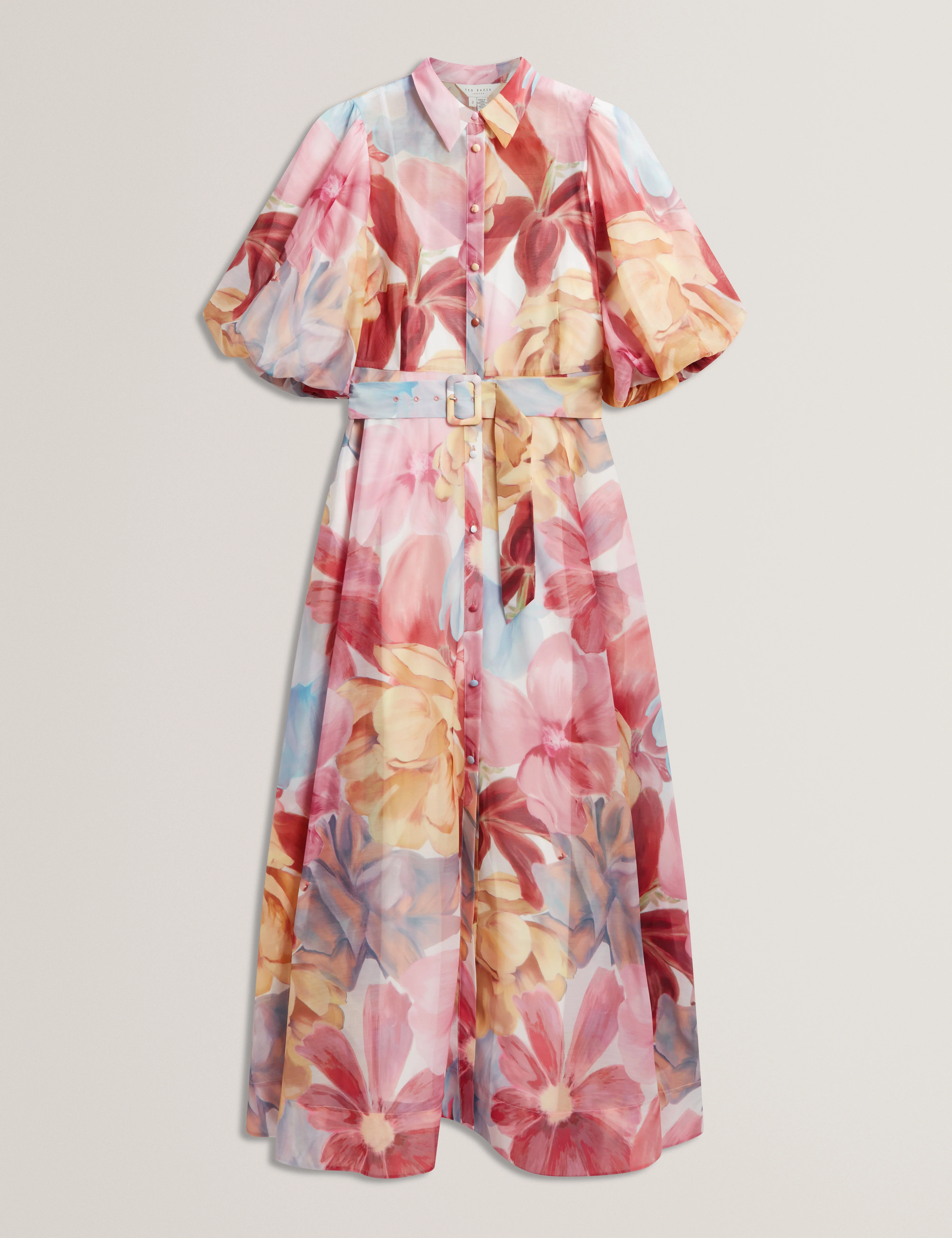 Solinee Puff Sleeve Floral Printed Midi Shirt Dress Ivory - Image 7