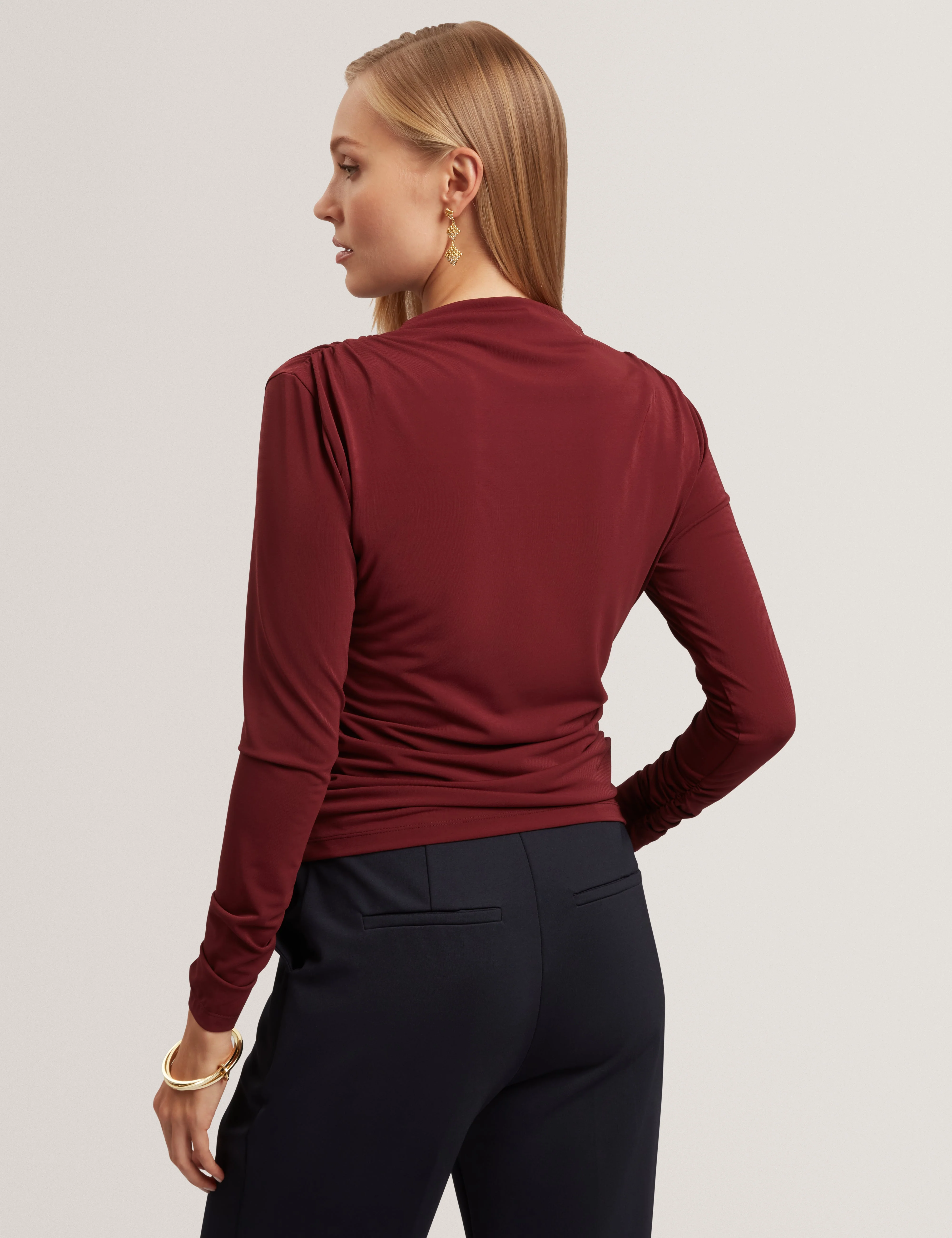 Strala Long Sleeve Ruched Top With Metal Detail Oxblood - Image 5