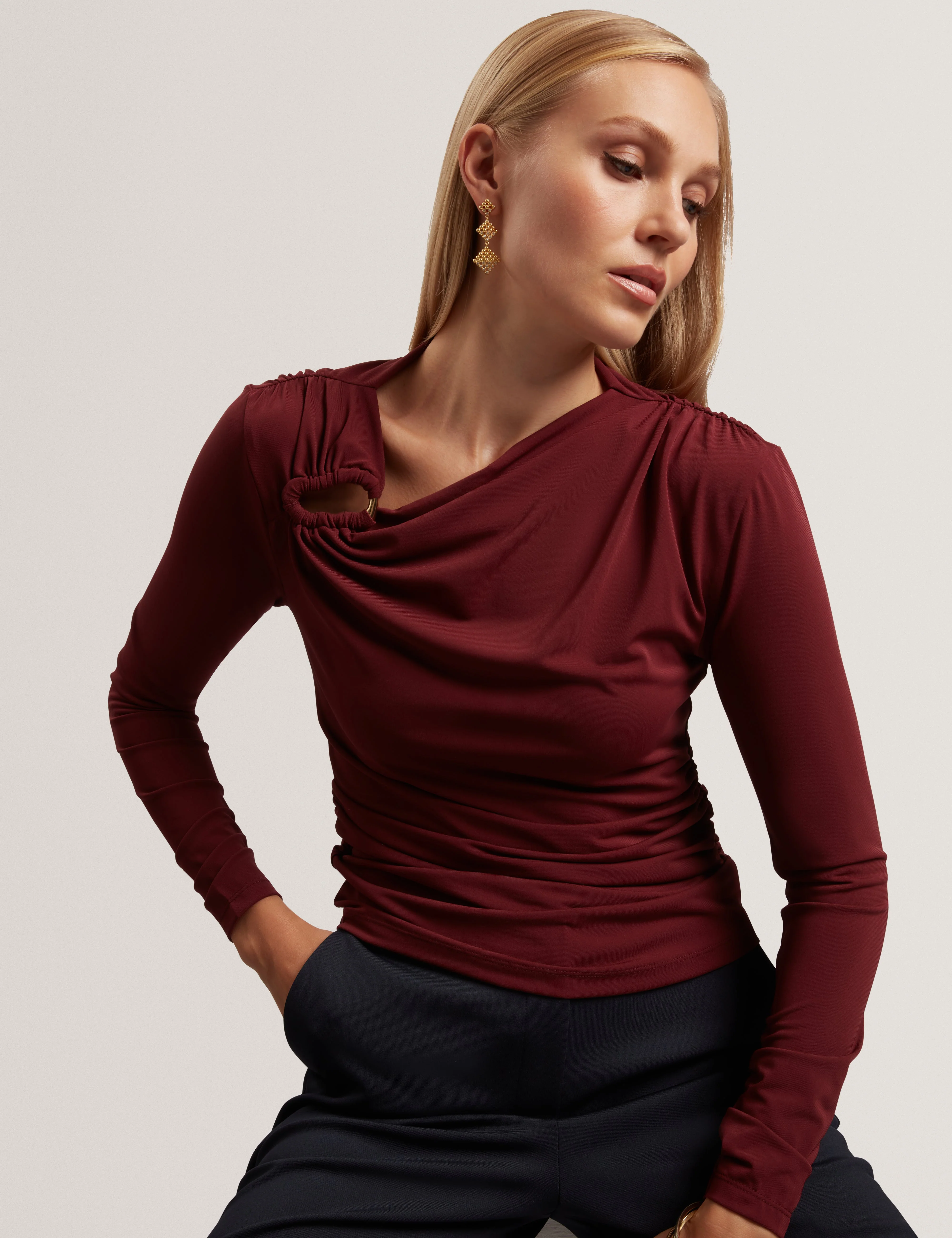 Strala Long Sleeve Ruched Top With Metal Detail Oxblood - Image 6