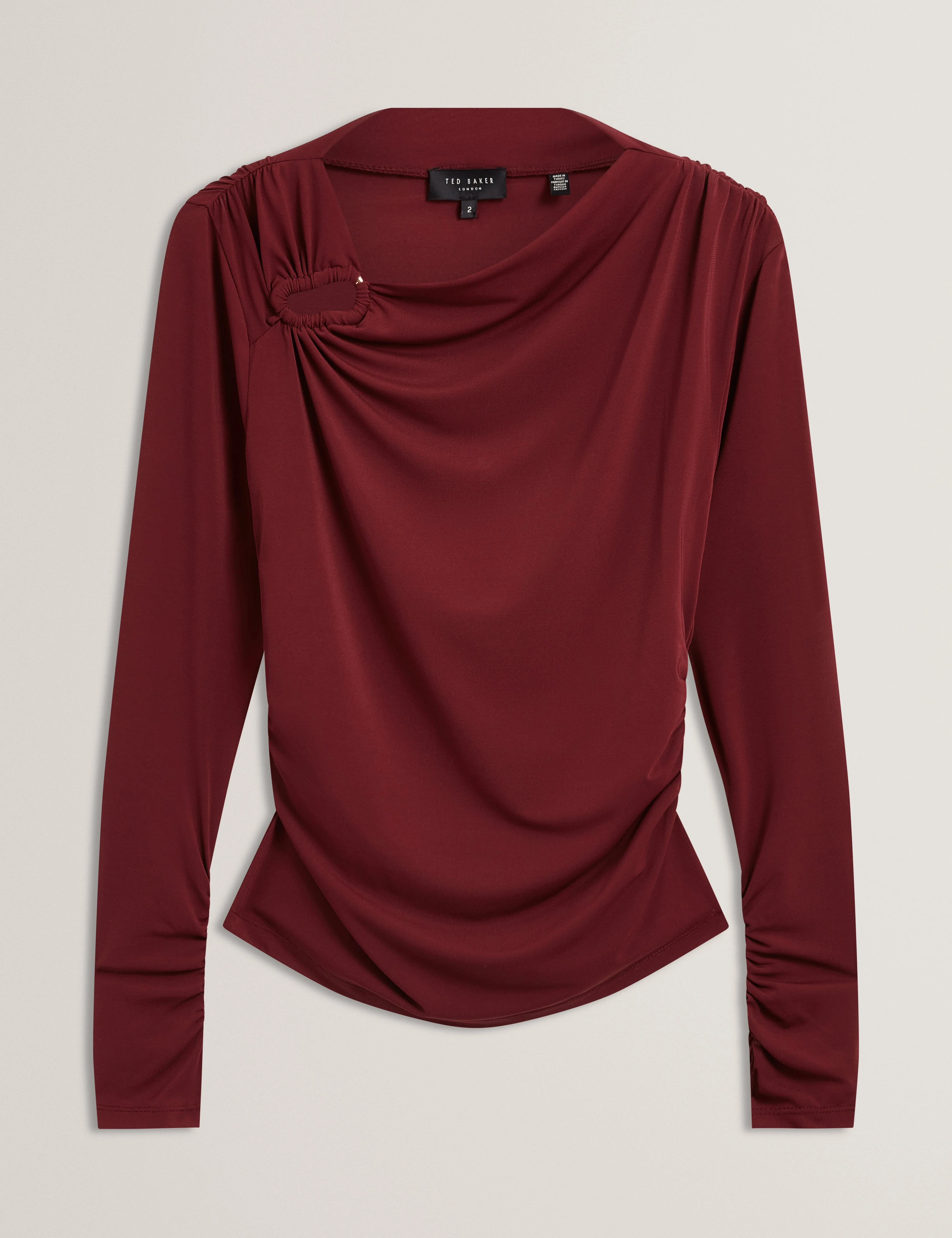 Strala Long Sleeve Ruched Top With Metal Detail Oxblood - Image 7