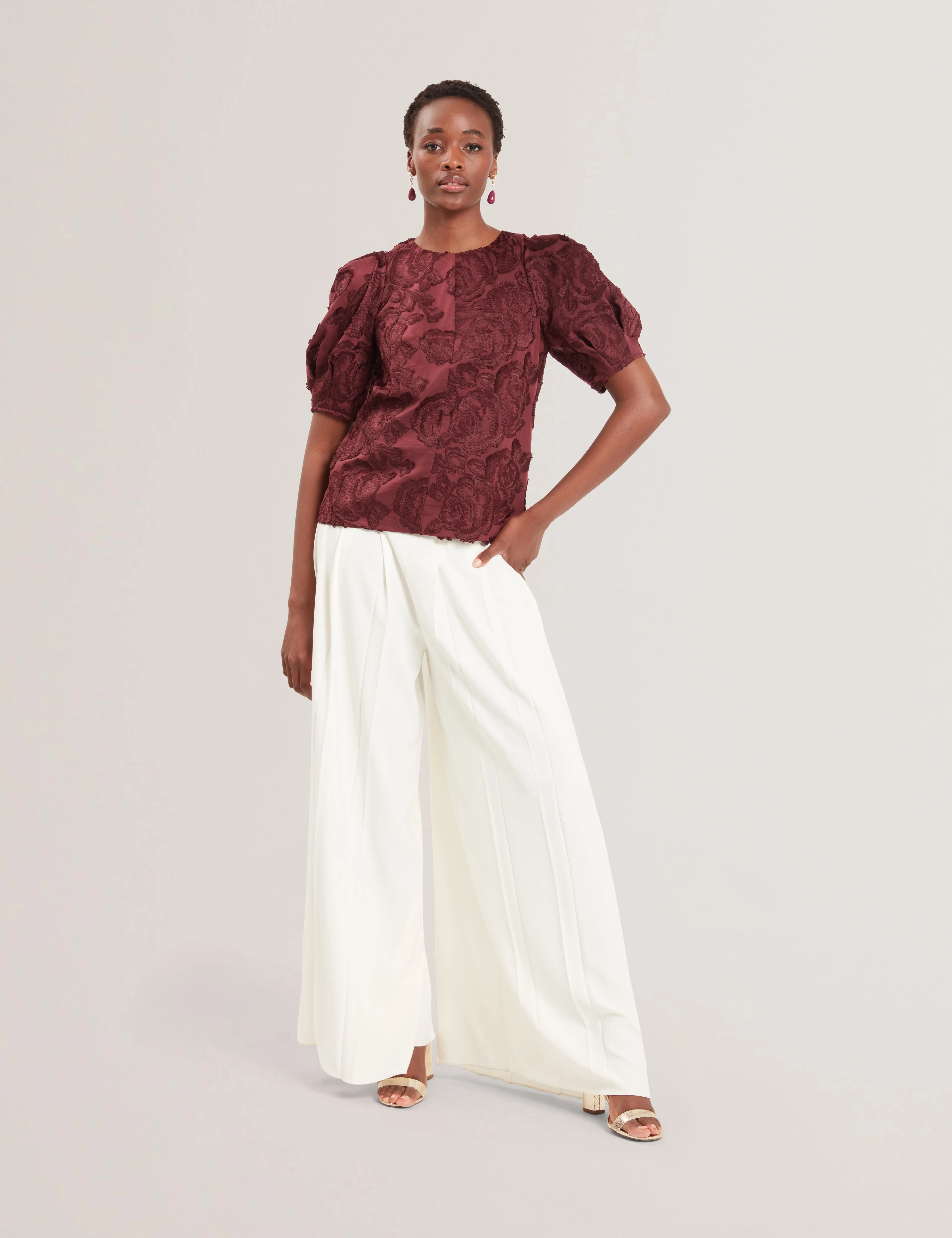 Teodori Puff Sleeve Textured Rose Top Oxblood - Image 6
