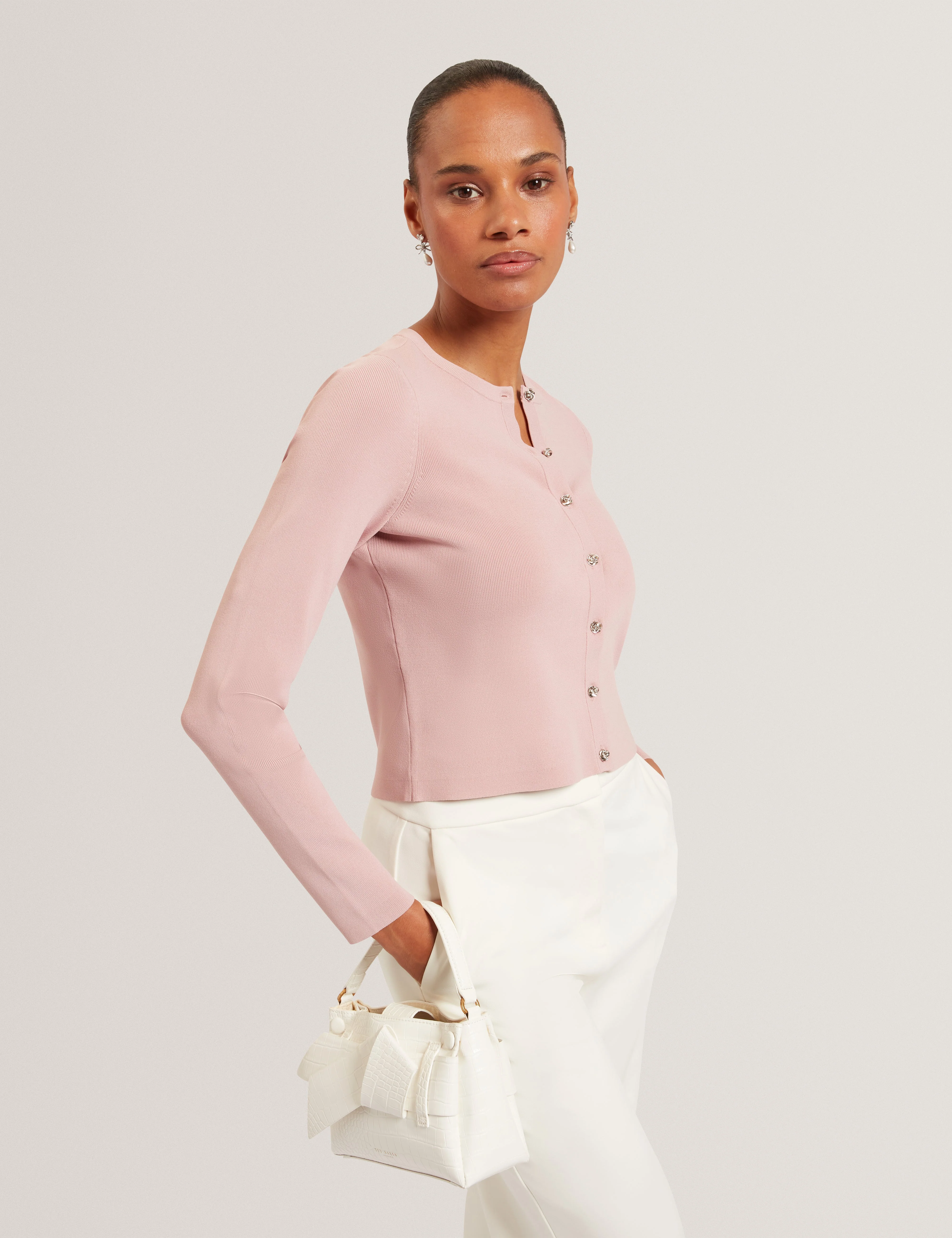 Vedla Cropped Crew Neck Cardigan Pink - Image 2