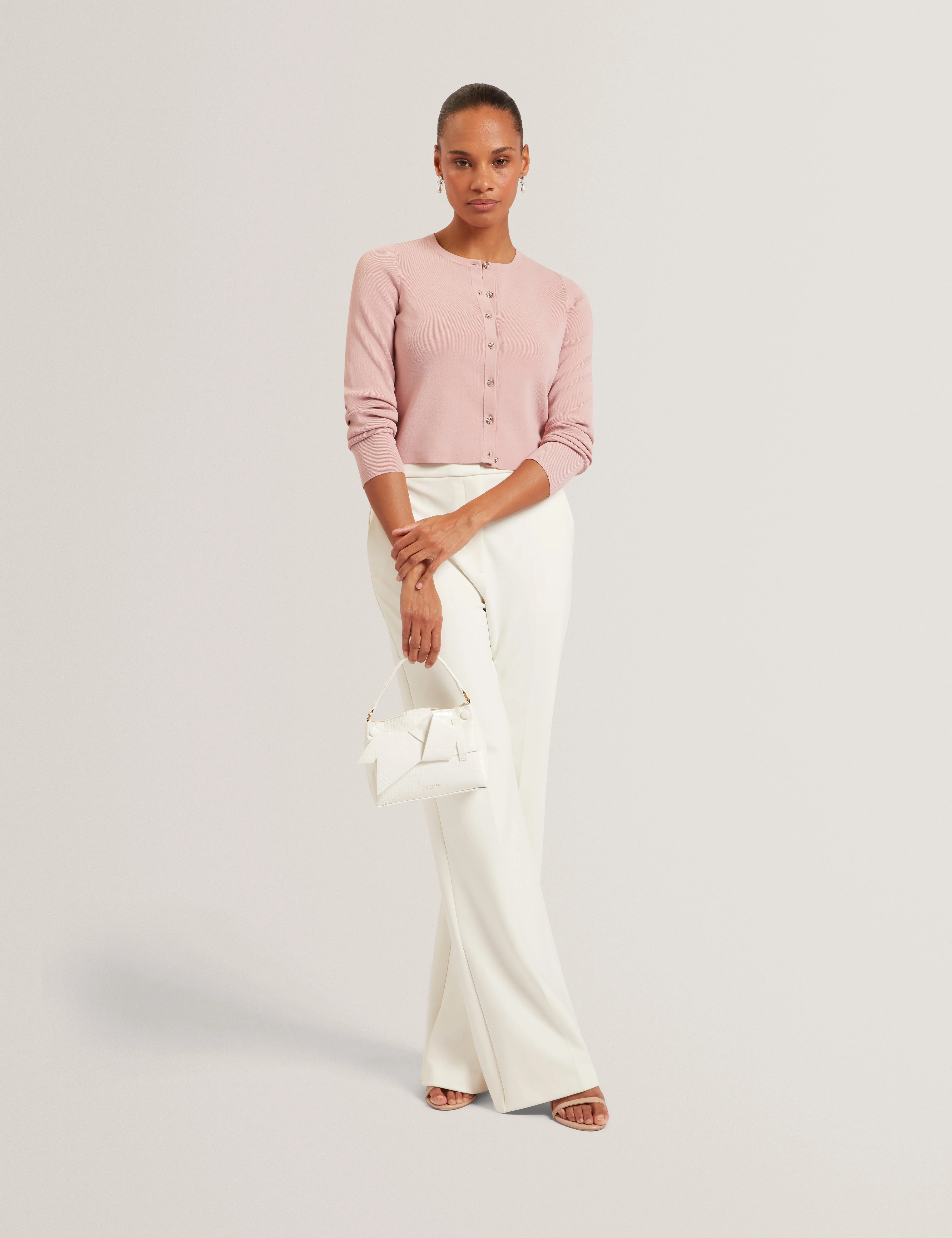 Vedla Cropped Crew Neck Cardigan Pink - Image 3