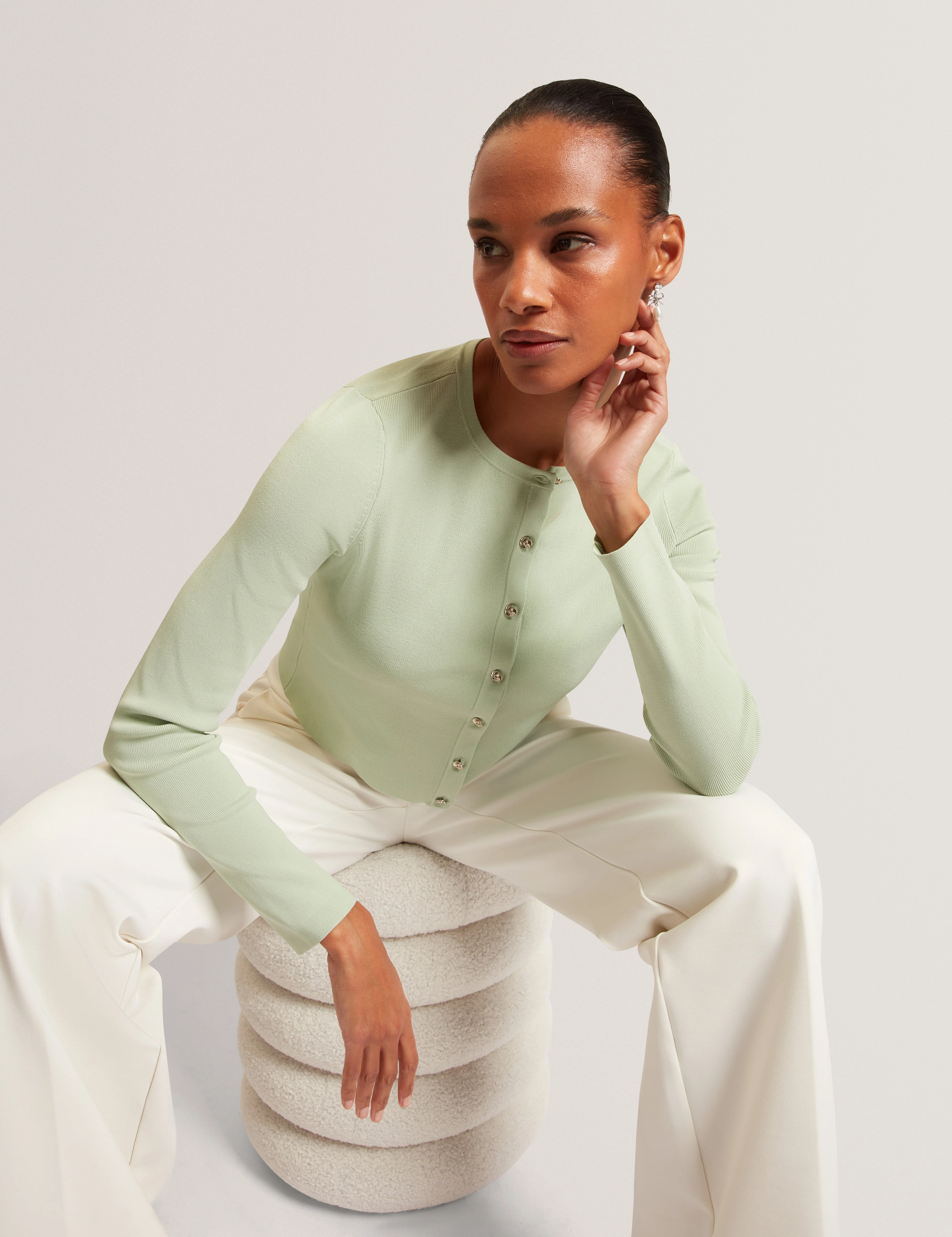 Vedla Cropped Crew Neck Cardigan Pl-Green - Image 6