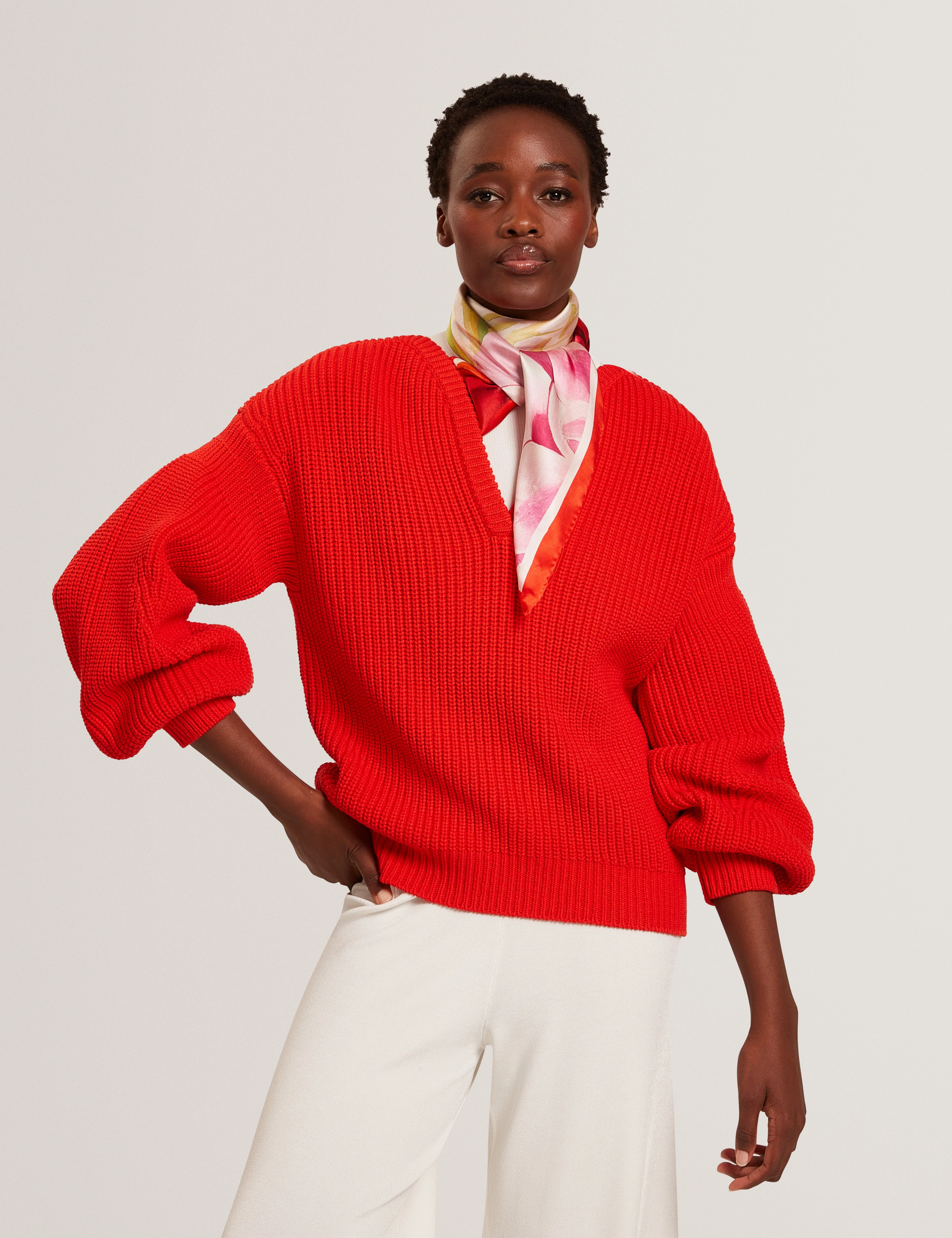 Velmee Cotton Blend V Neck Sweater Red