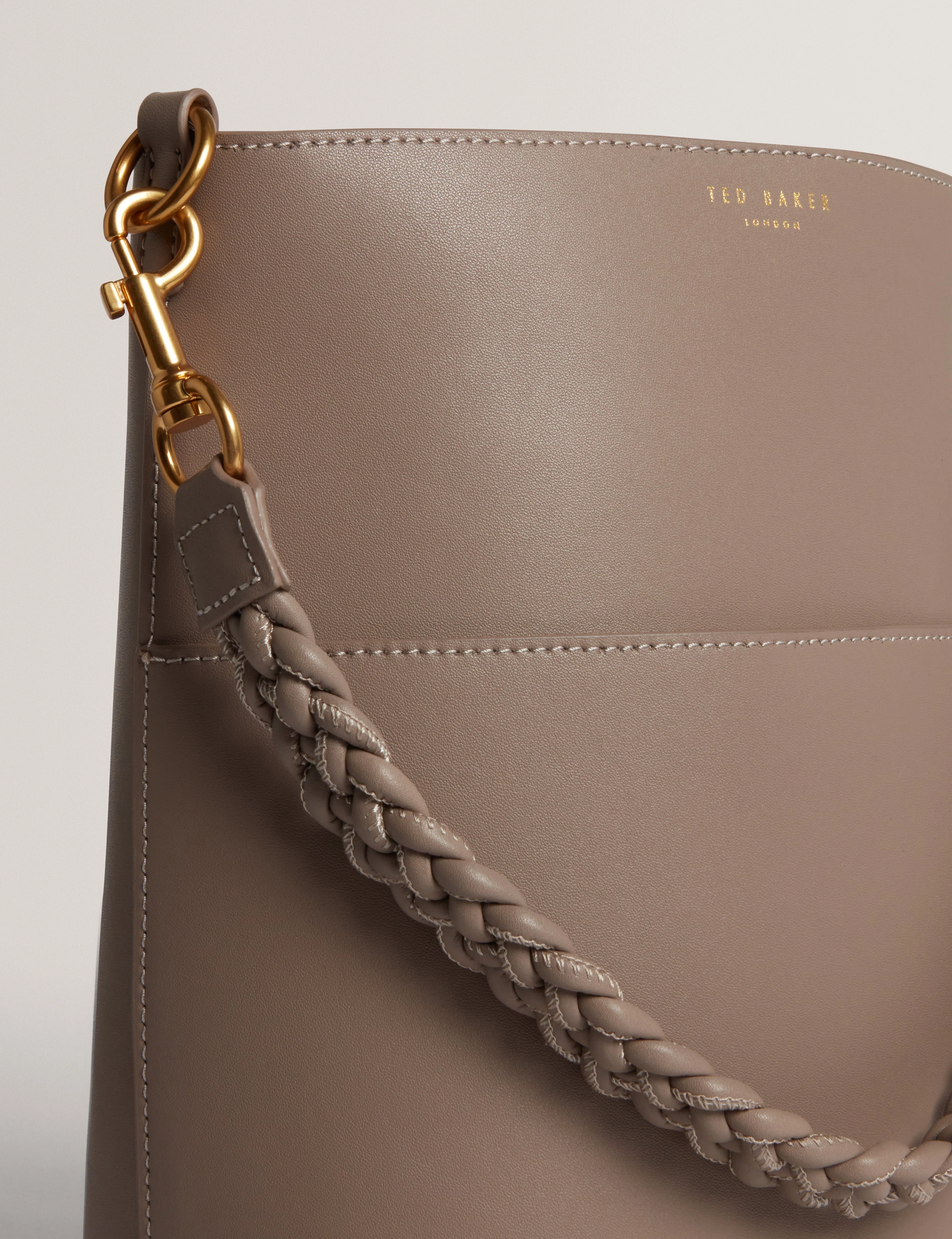 Wannda Weave Handle Leather Medium Bucket Bag Taupe - Image 3