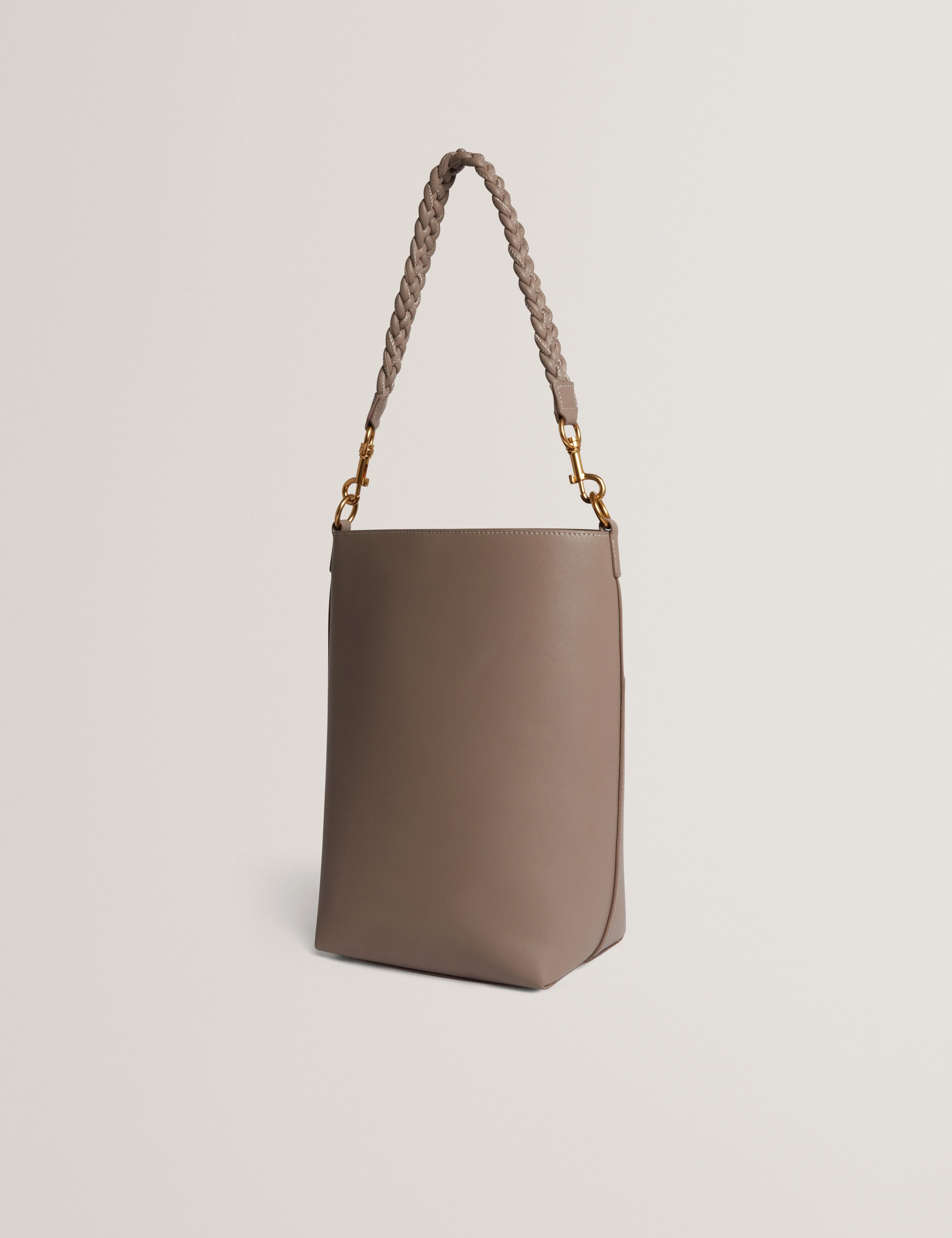 Wannda Weave Handle Leather Medium Bucket Bag Taupe - Image 4