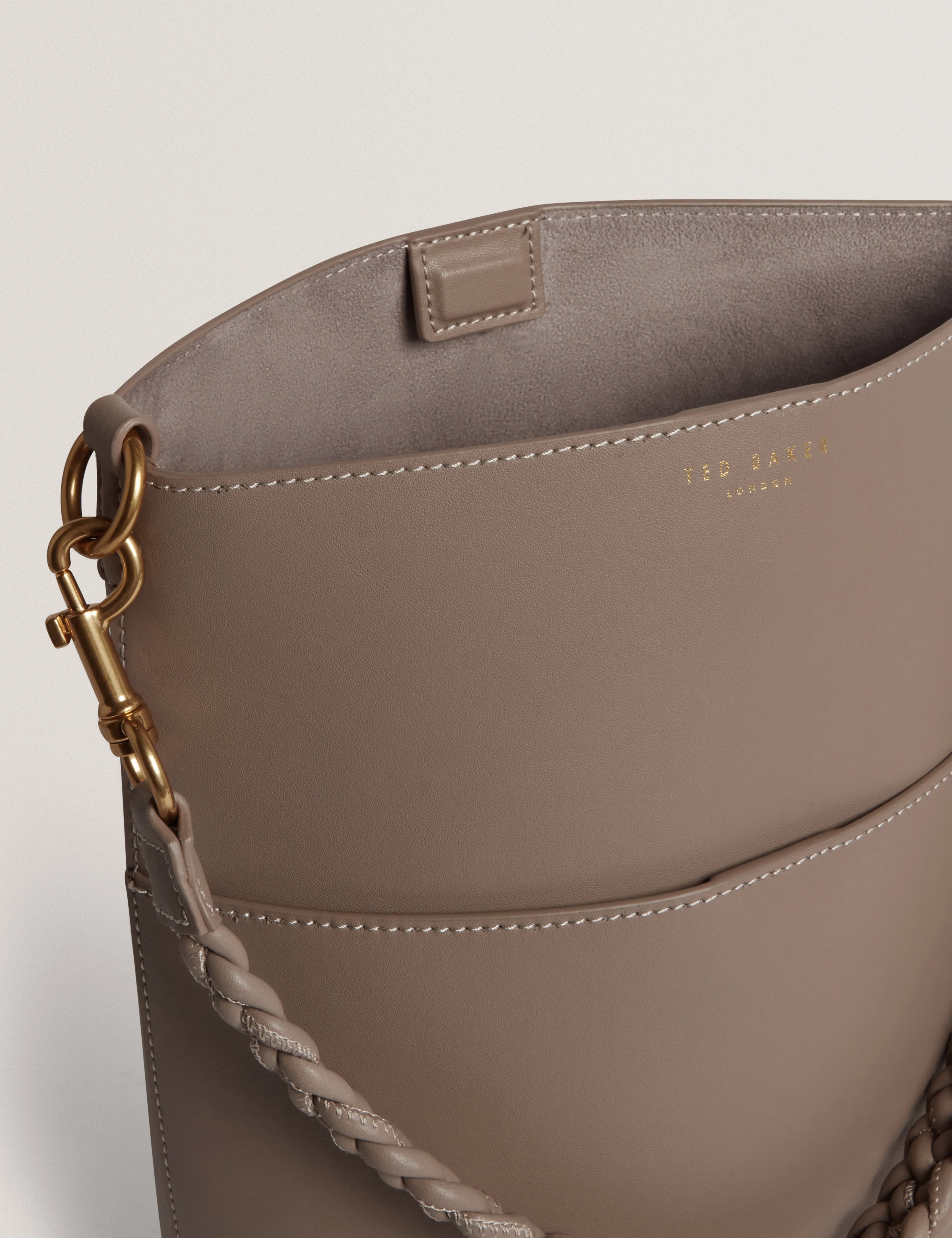 Wannda Weave Handle Leather Medium Bucket Bag Taupe - Image 5