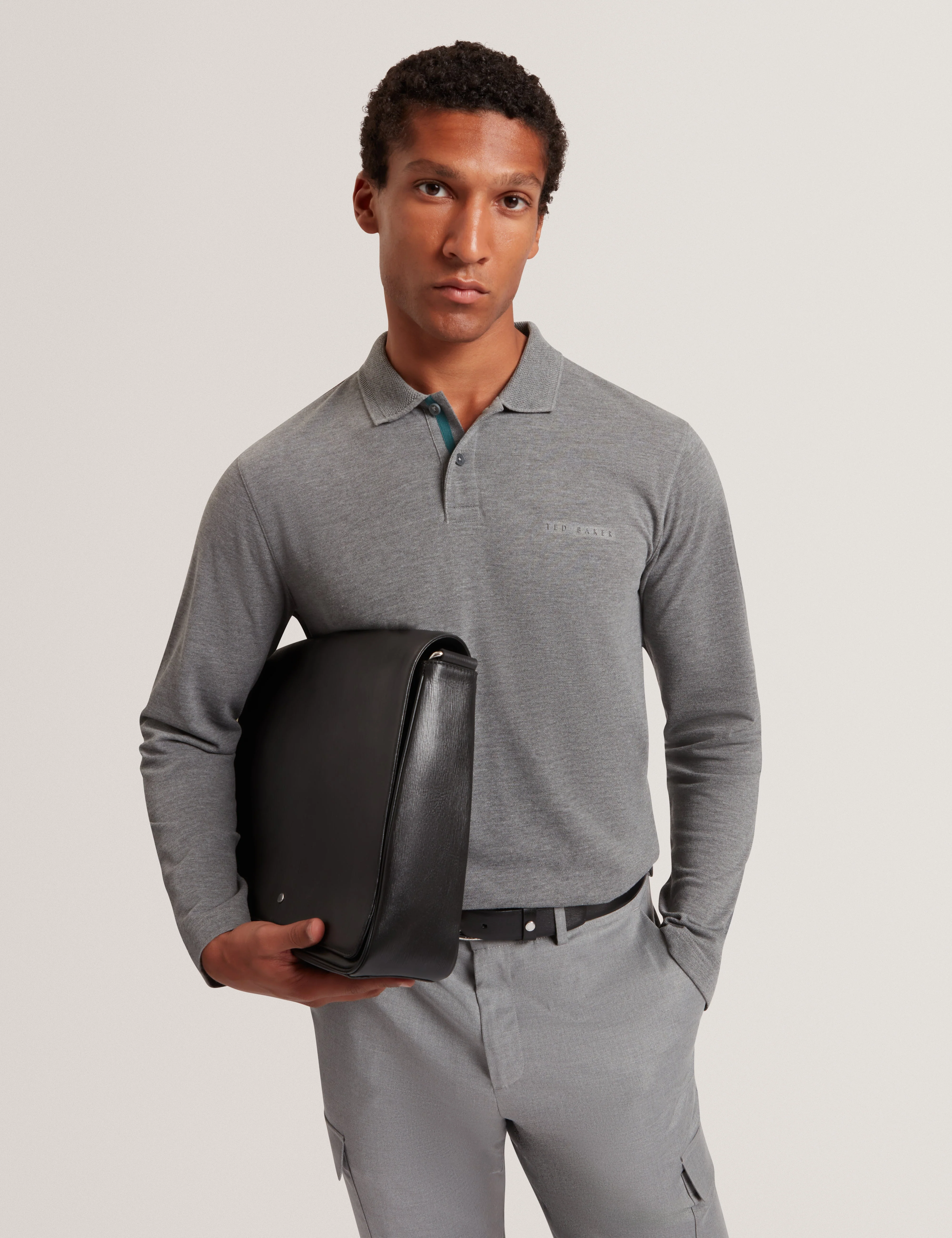 Woan Branded Honeycomb Trim Ls Polo Mid-Grey - Image 6