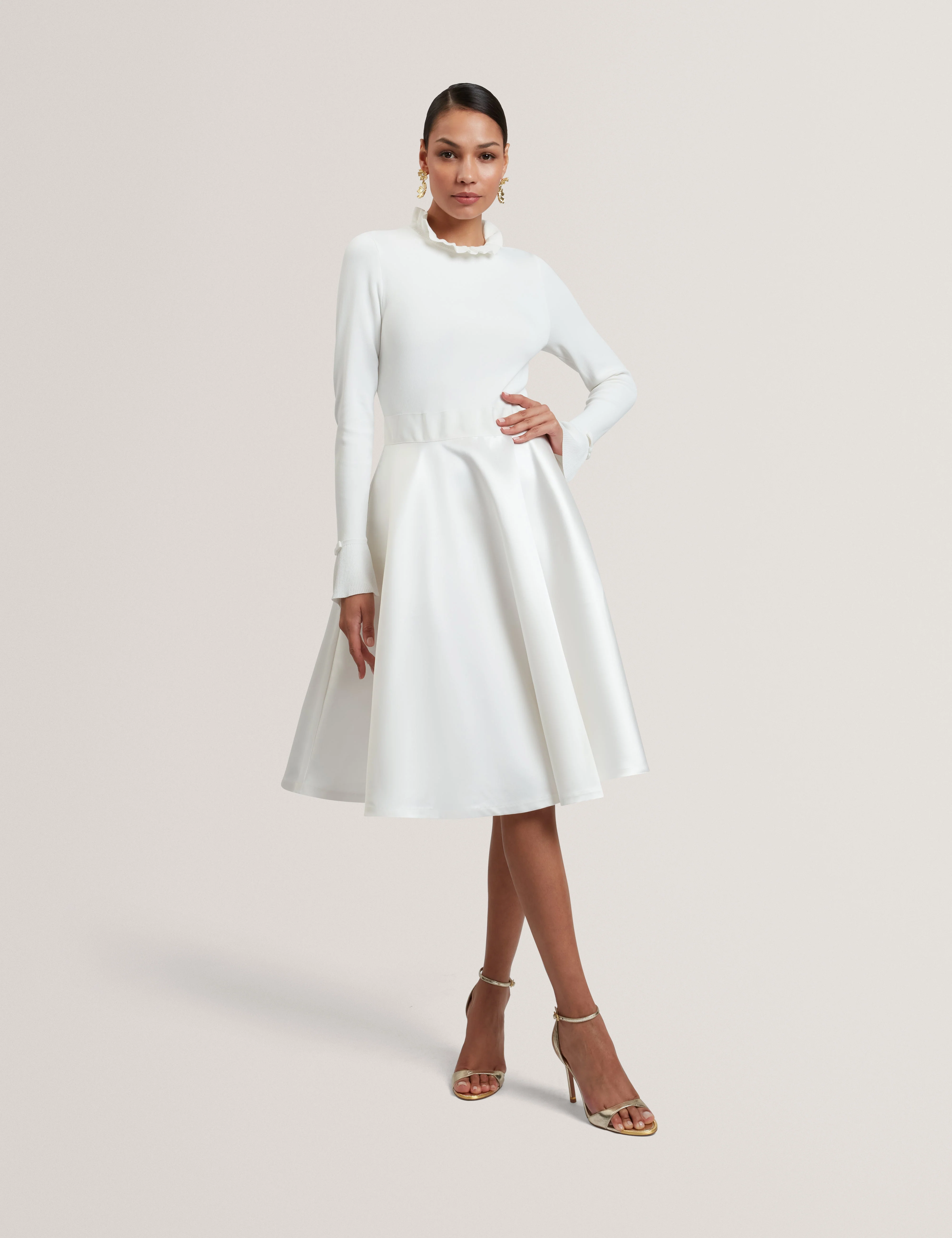 Zadi Knitted Frill Full Skirt Dress Ivory - Image 2