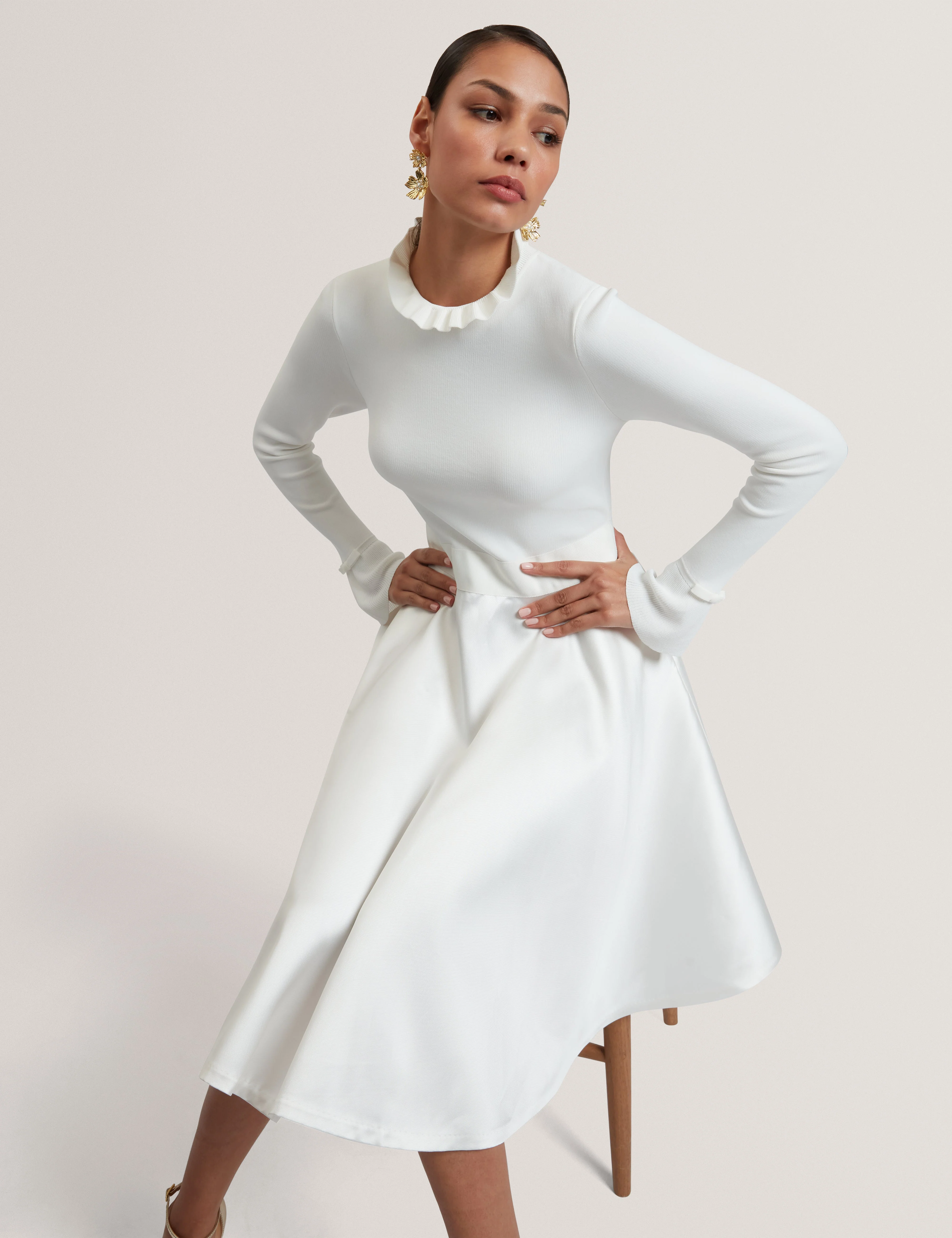 Zadi Knitted Frill Full Skirt Dress Ivory - Image 6