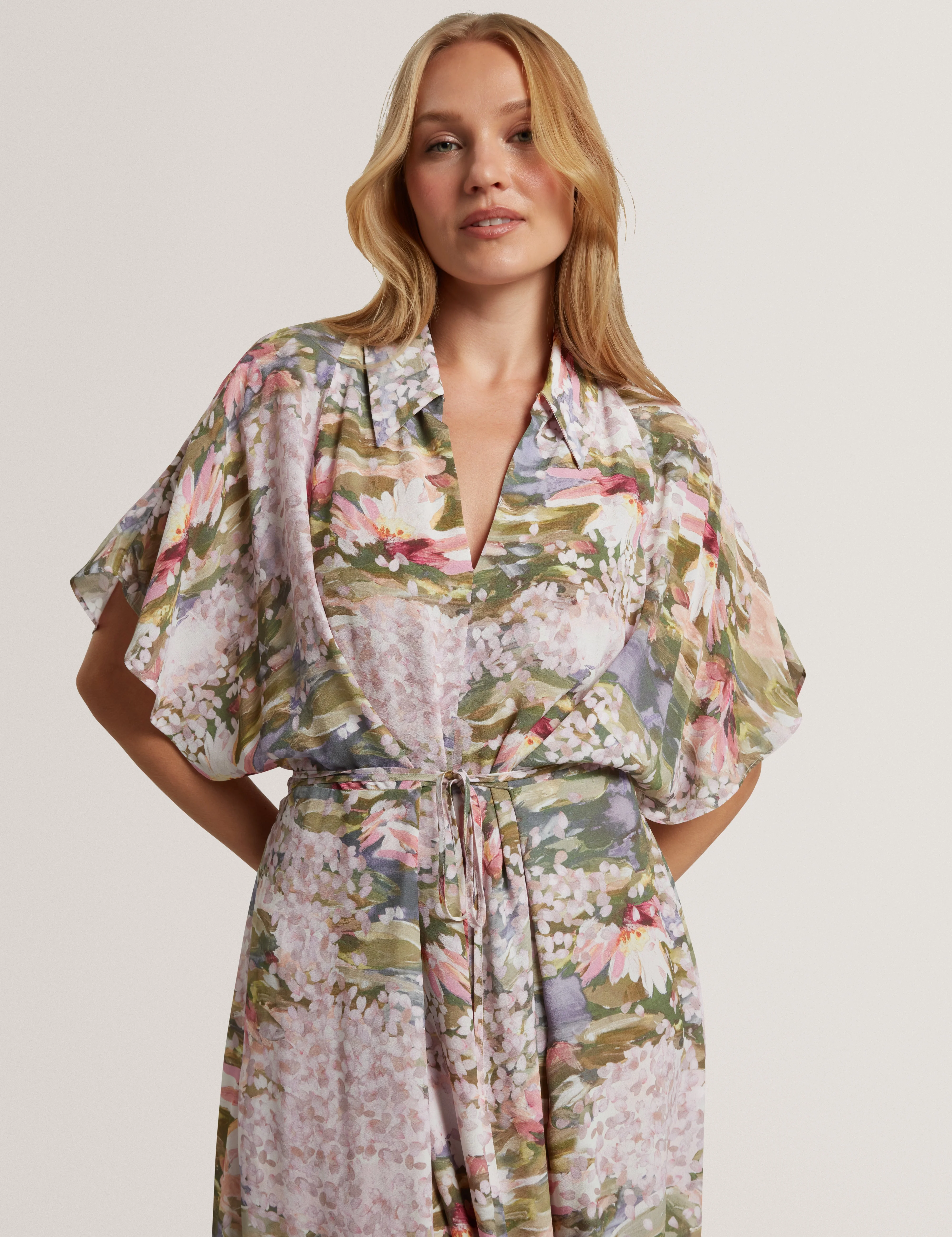 Zarlah Printed Tie Detail Midi Shirt Dress Pink - Image 2