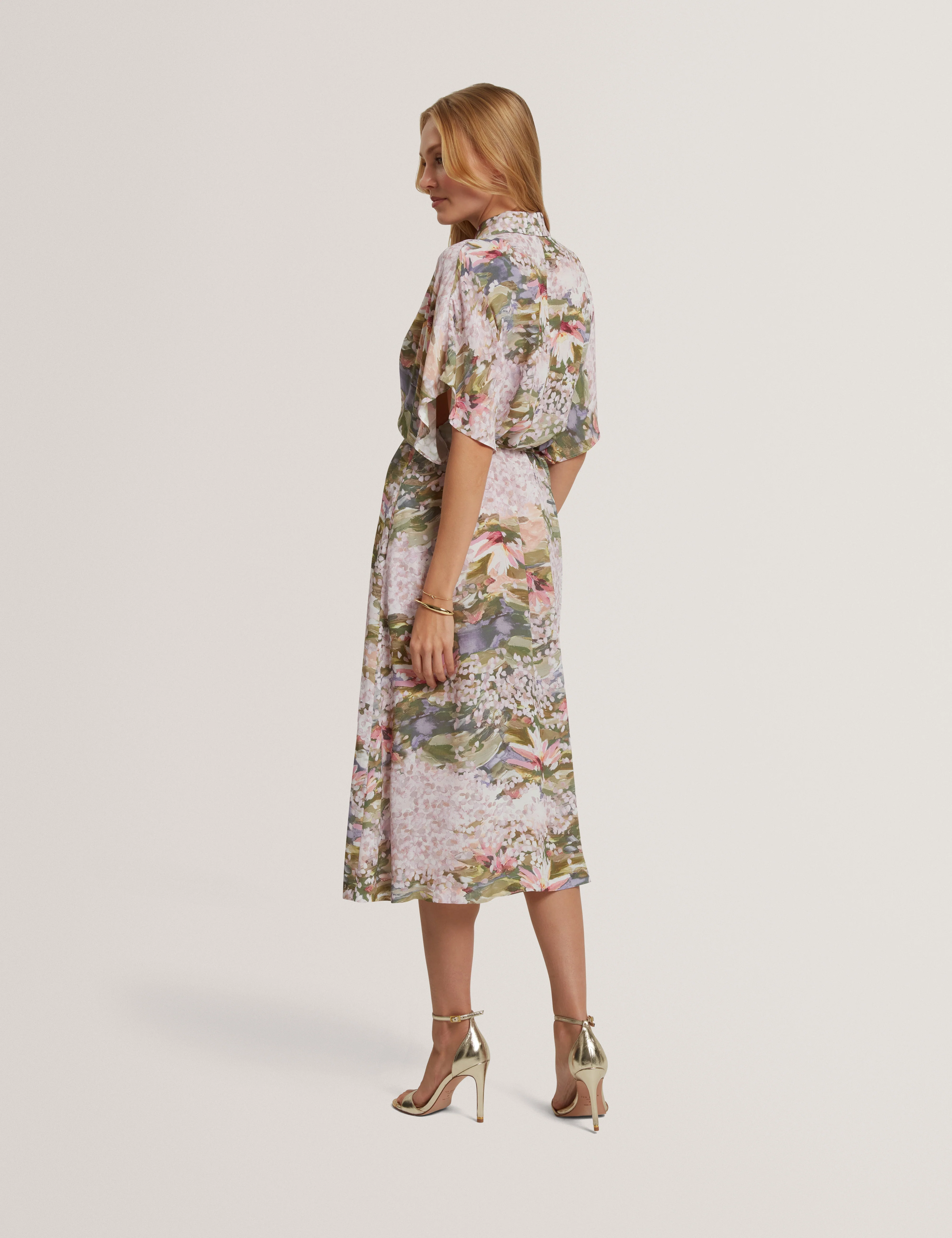 Zarlah Printed Tie Detail Midi Shirt Dress Pink - Image 5