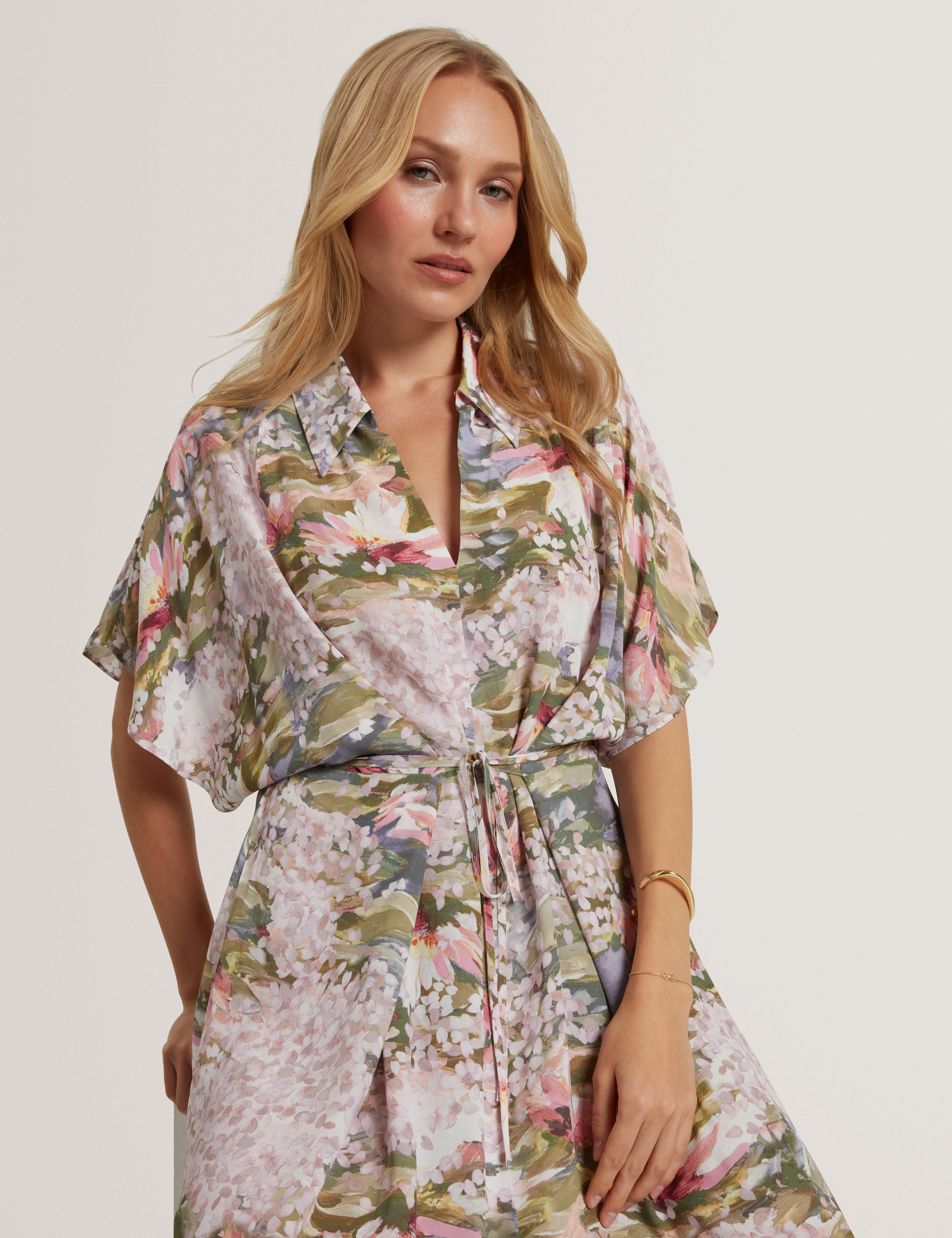 Zarlah Printed Tie Detail Midi Shirt Dress Pink - Image 6