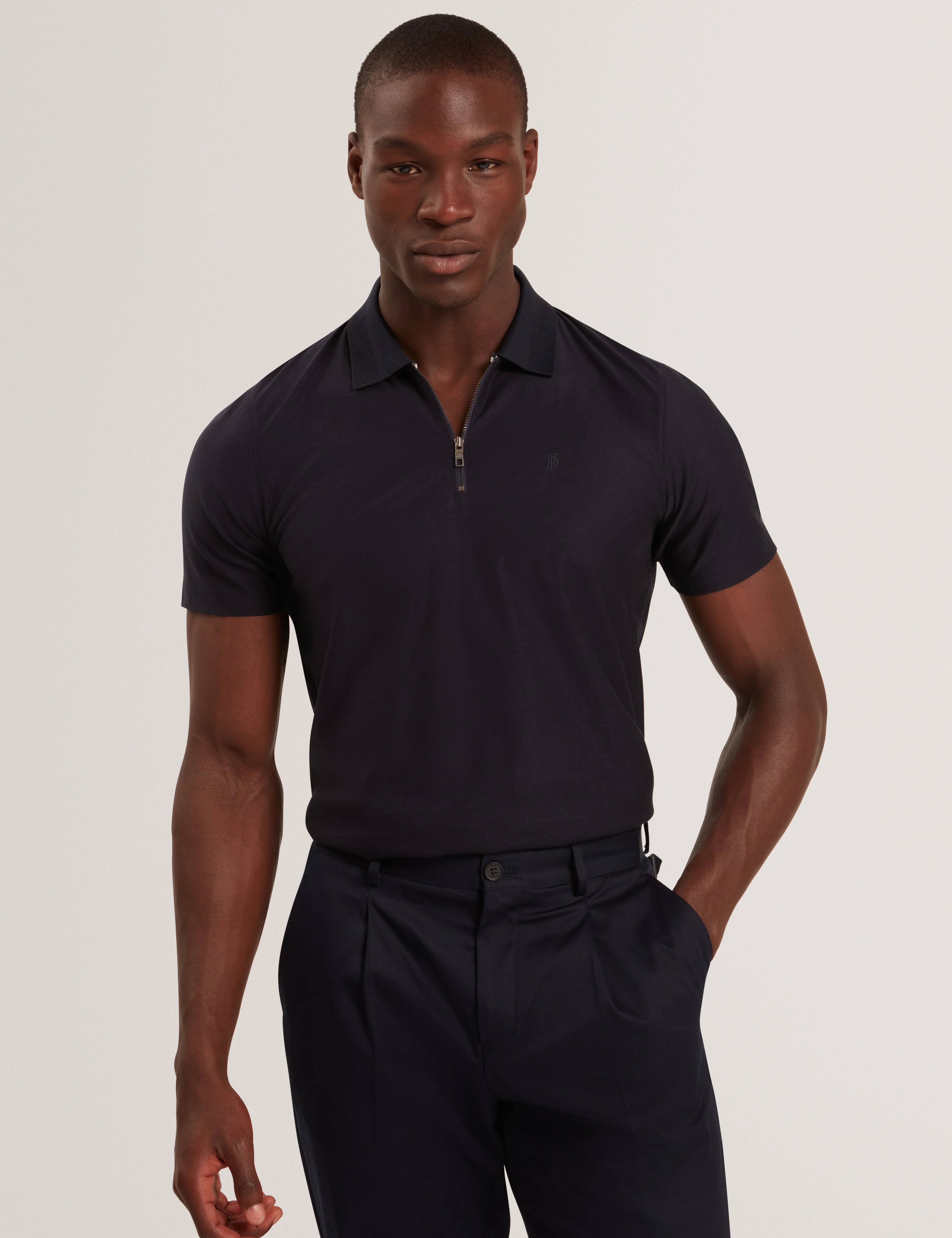 Zorin Short Sleeve Herringbone Panel Zip Polo Navy