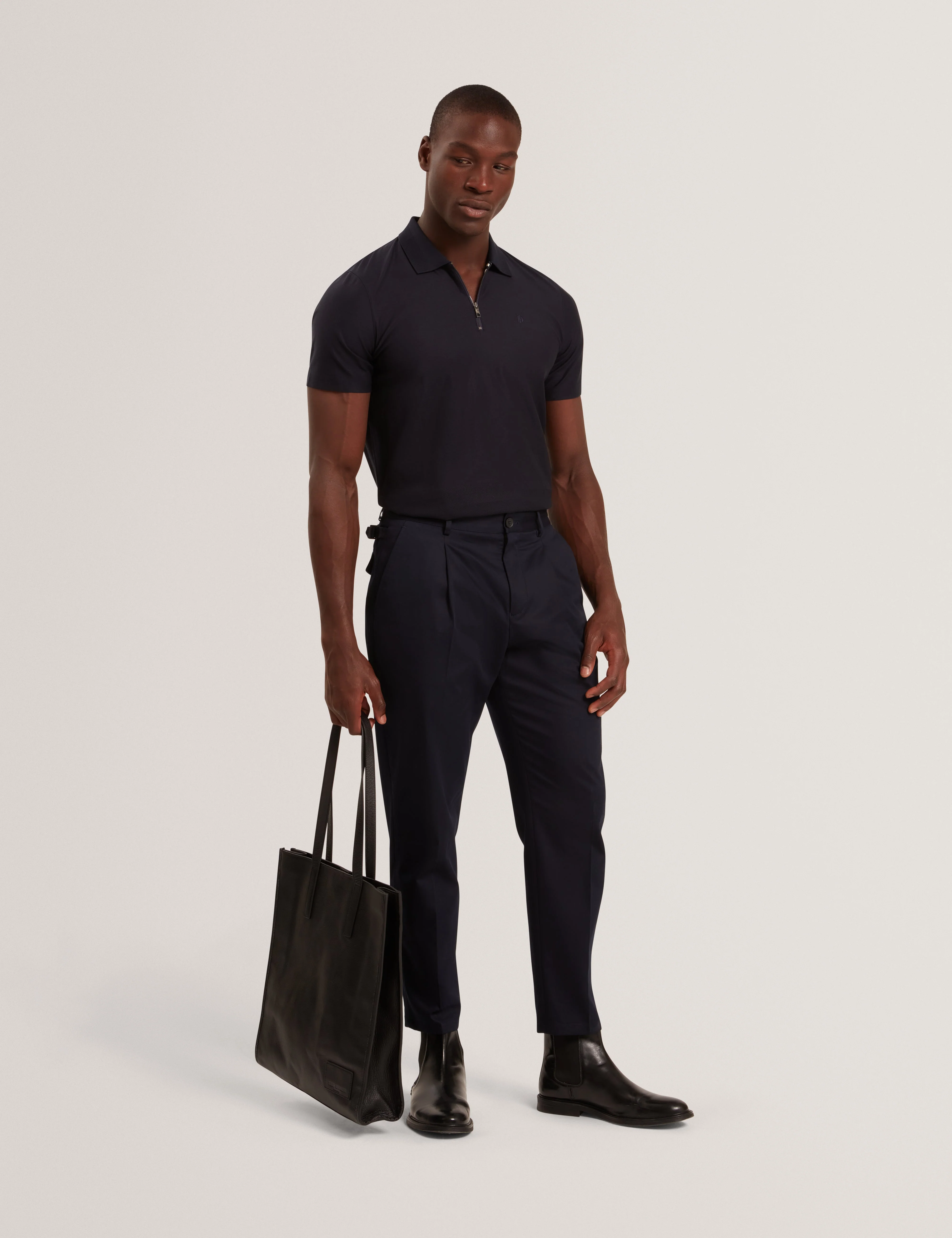 Zorin Short Sleeve Herringbone Panel Zip Polo Navy - Image 2