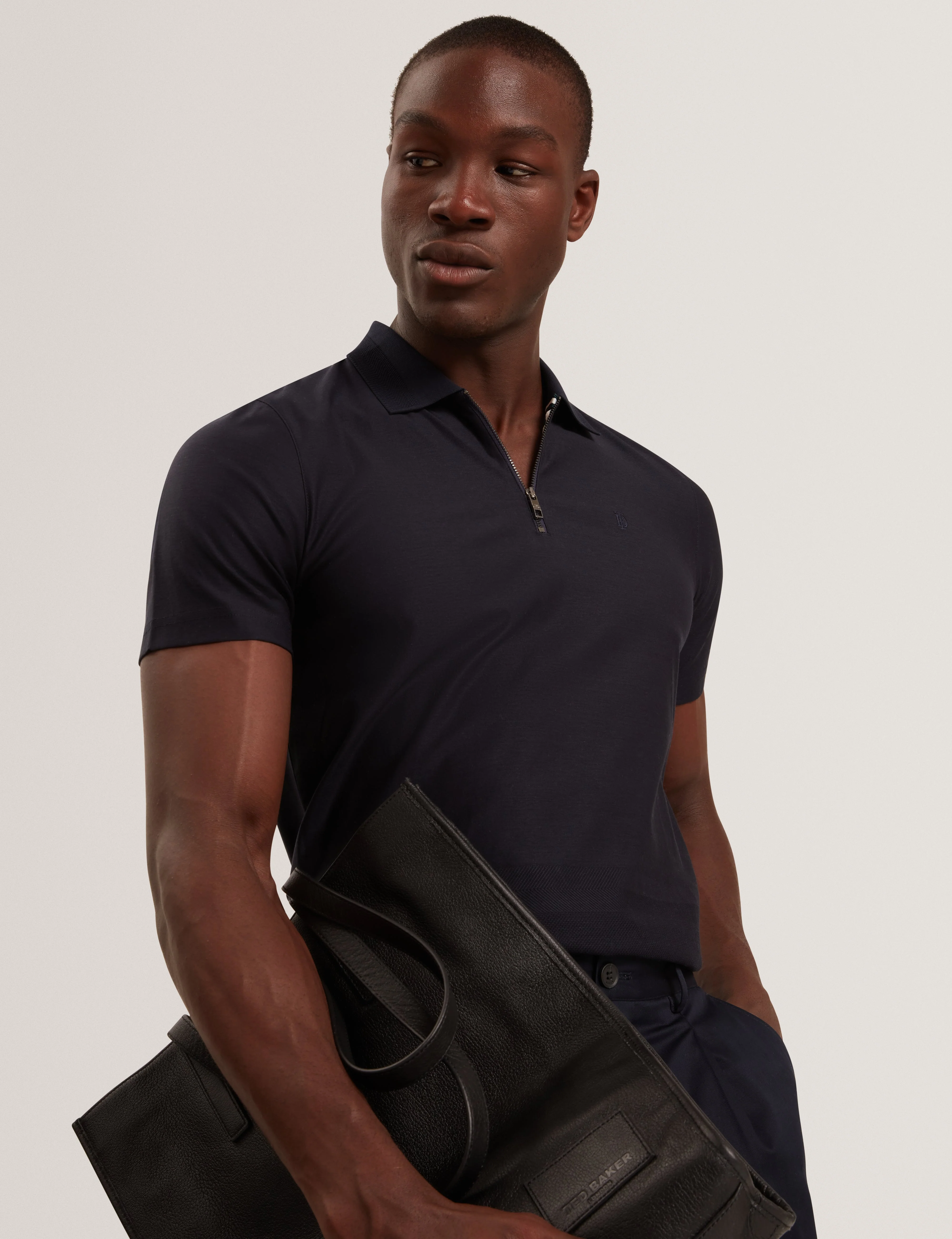 Zorin Short Sleeve Herringbone Panel Zip Polo Navy - Image 6